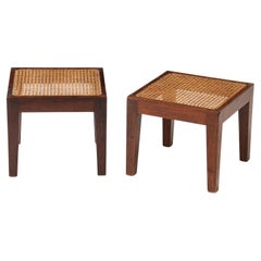 Pierre Jeanneret Style Side Teak & Oak Tables with Rattan Tops, France, 1940's