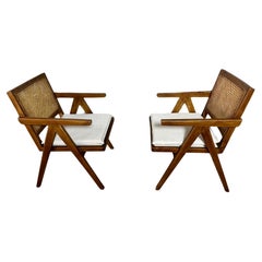 Pierre Jeanneret Styled V-Leg Cane Back Lounge Armchairs - a Pair