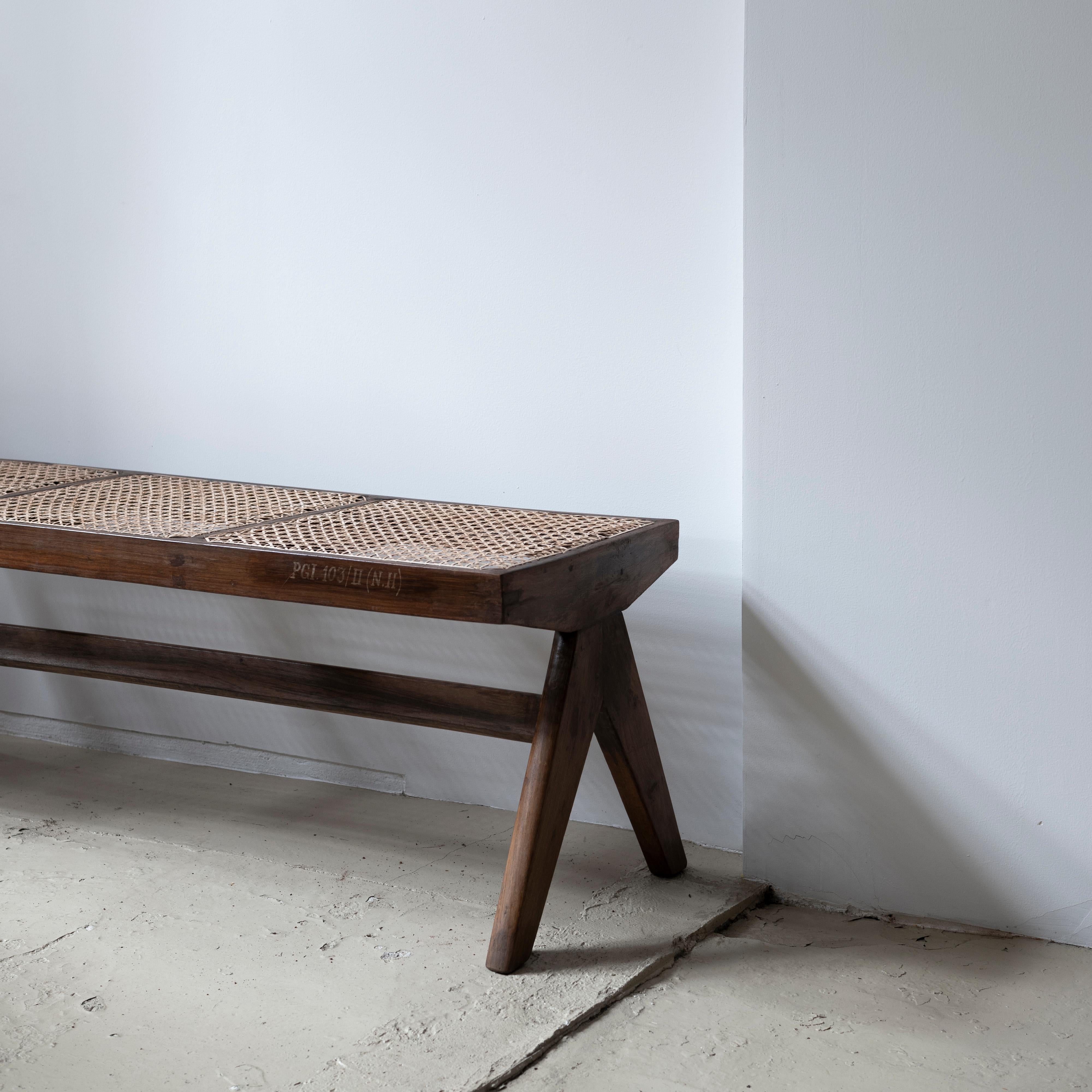 Mid-20th Century Pierre Jeanneret Teak and Cane Bench, Post-Graduate Institute, Chandigarh