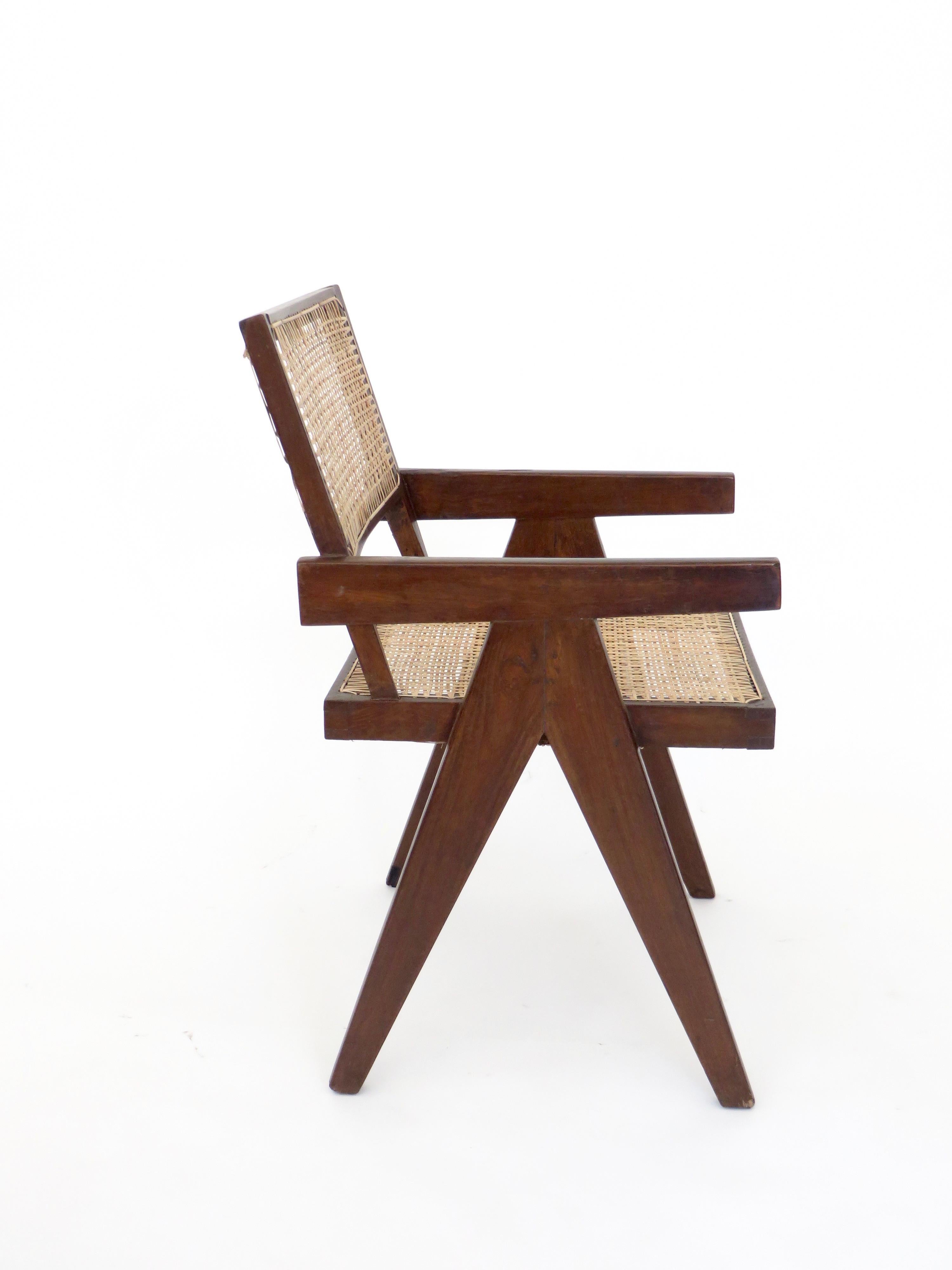 Mid-Century Modern Pierre Jeanneret Teak and Cane Office Armchair from Chandigarh 