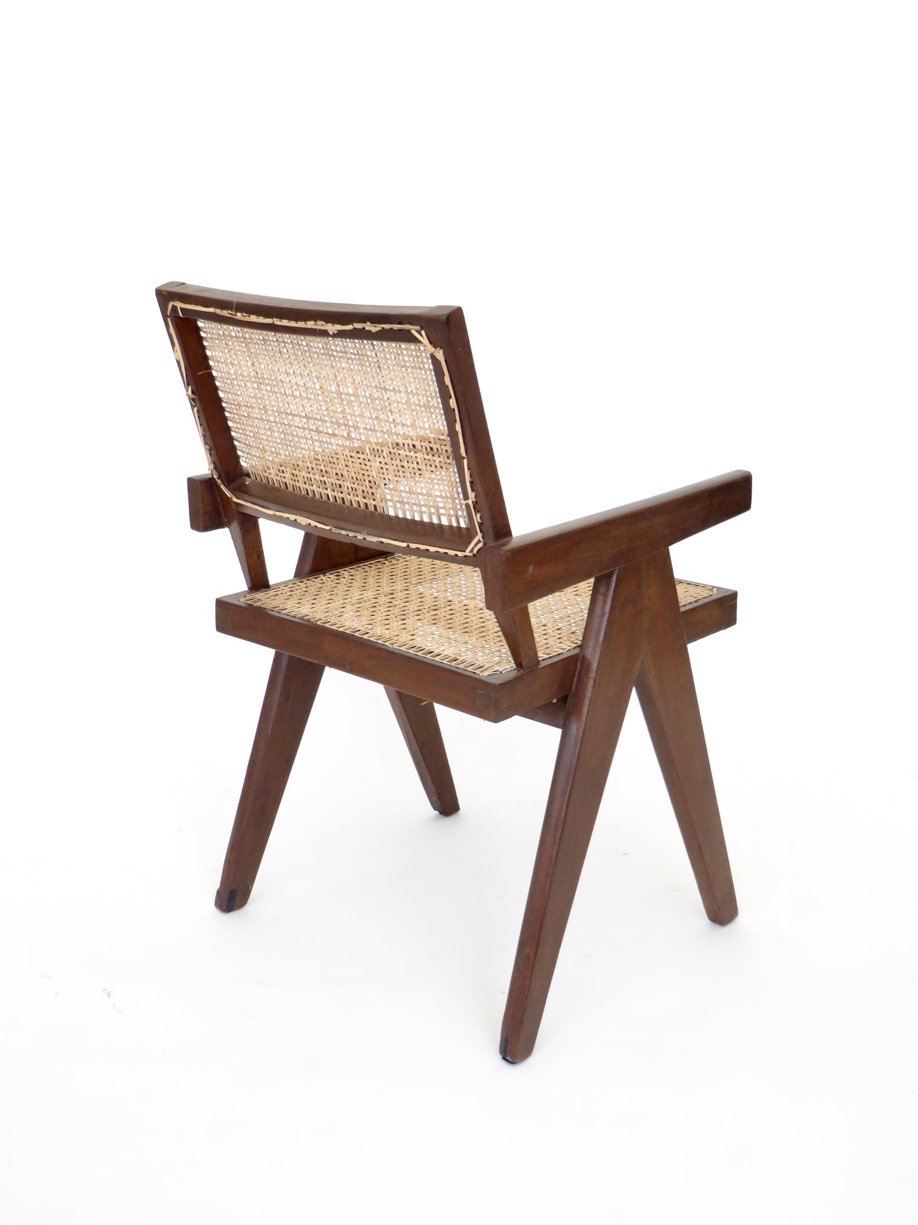 Indian Pierre Jeanneret Teak and Cane Office Armchair from Chandigarh 