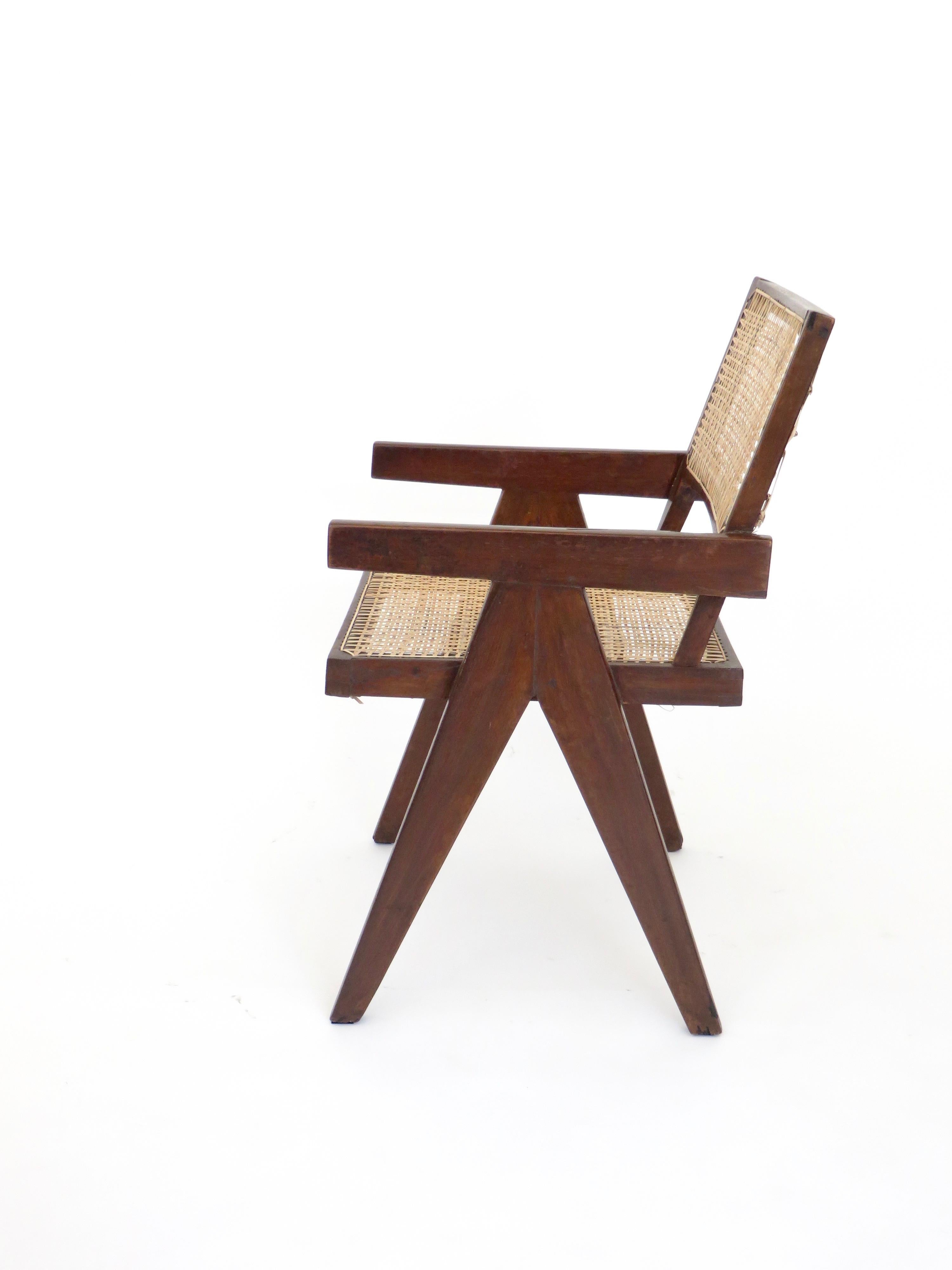Pierre Jeanneret Teak and Cane Office Armchair from Chandigarh  1