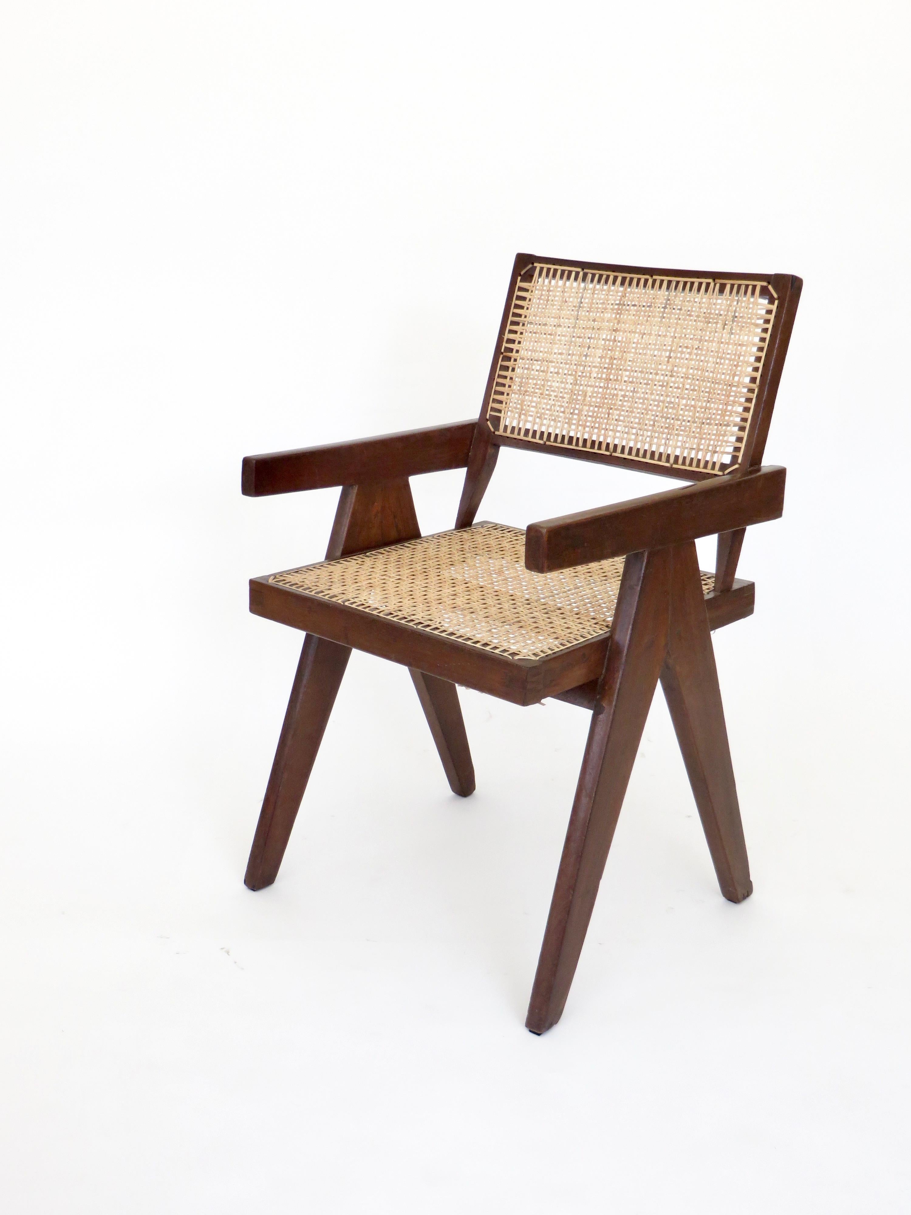 Pierre Jeanneret Teak and Cane Office Armchair from Chandigarh  2
