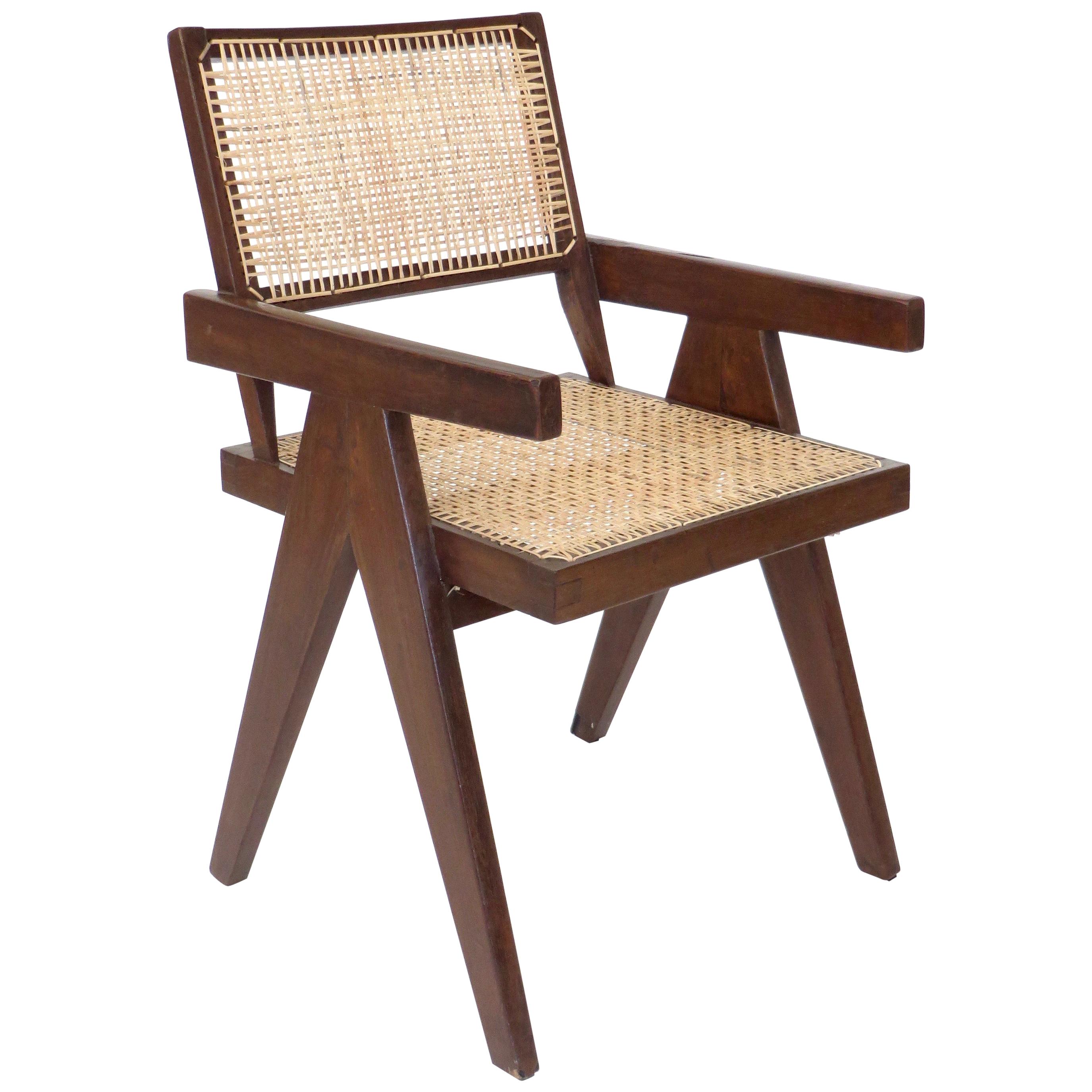Pierre Jeanneret Teak and Cane Office Armchair from Chandigarh 