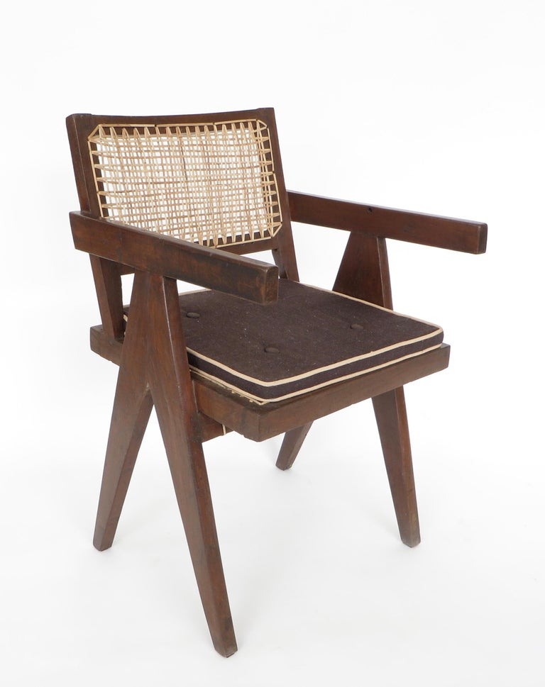 Pierre Jeanneret Teak and Cane Office Vintage Original Armchair from Chandigarh 8