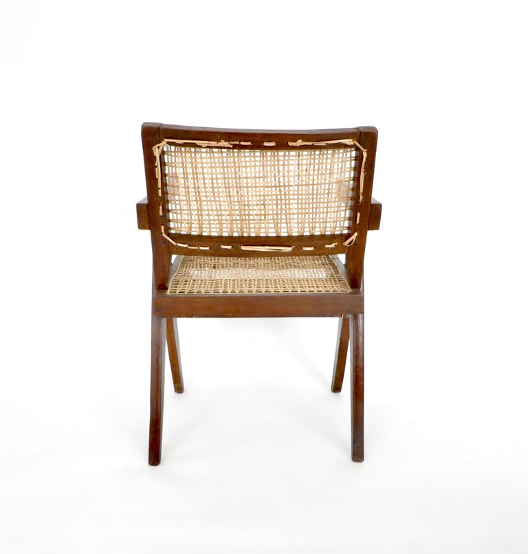Indian Pierre Jeanneret Teak and Cane Office Vintage Original Armchair from Chandigarh