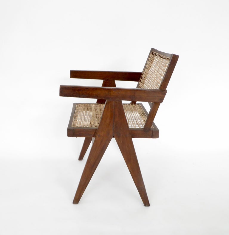 Pierre Jeanneret Teak and Cane Office Vintage Original Armchair from Chandigarh In Good Condition In Chicago, IL