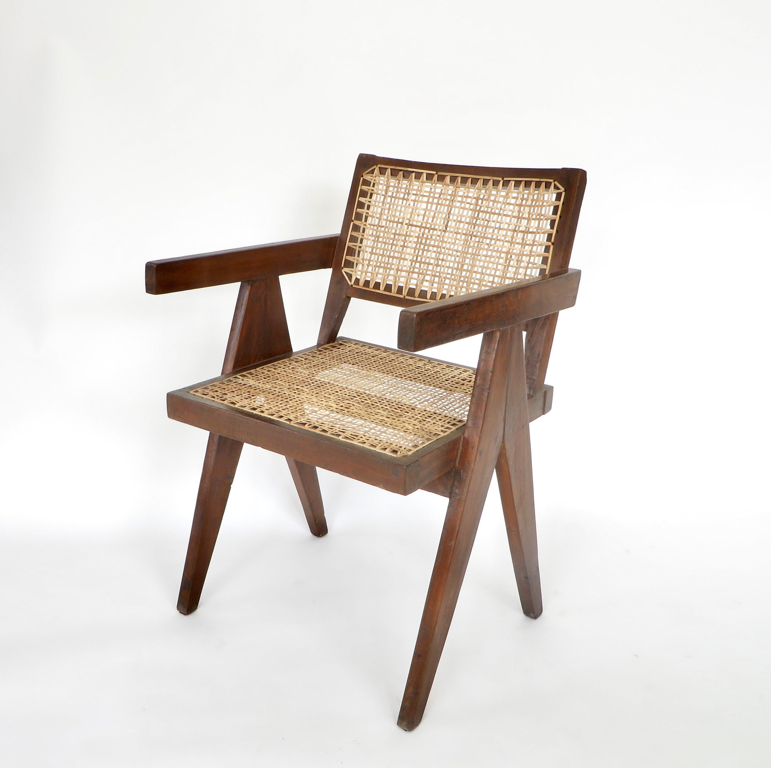 Pierre Jeanneret Teak and Cane Office Vintage Original Armchair from Chandigarh In Good Condition In Chicago, IL