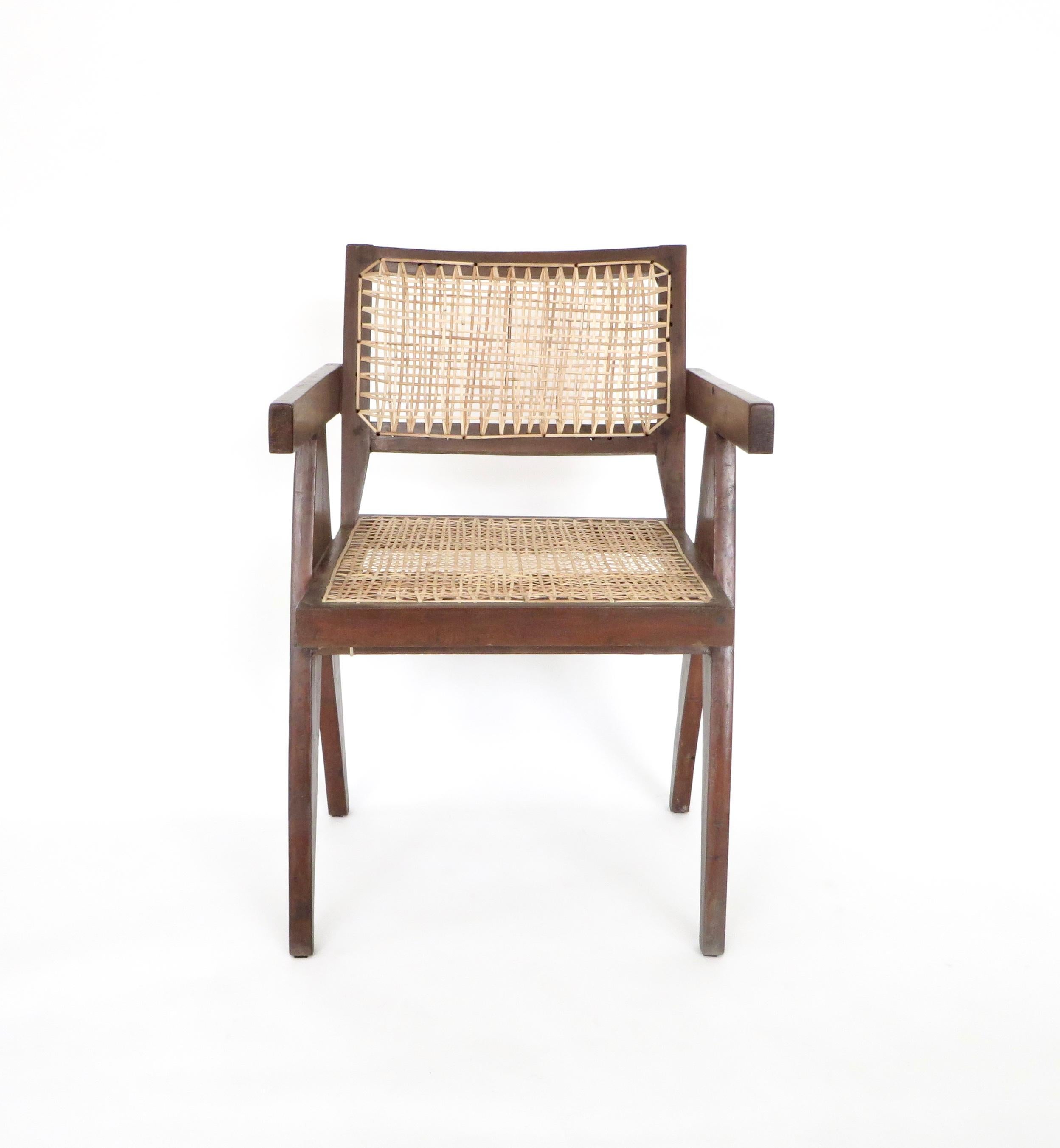 Mid-20th Century Pierre Jeanneret Teak and Cane Office Vintage Original Armchair from Chandigarh