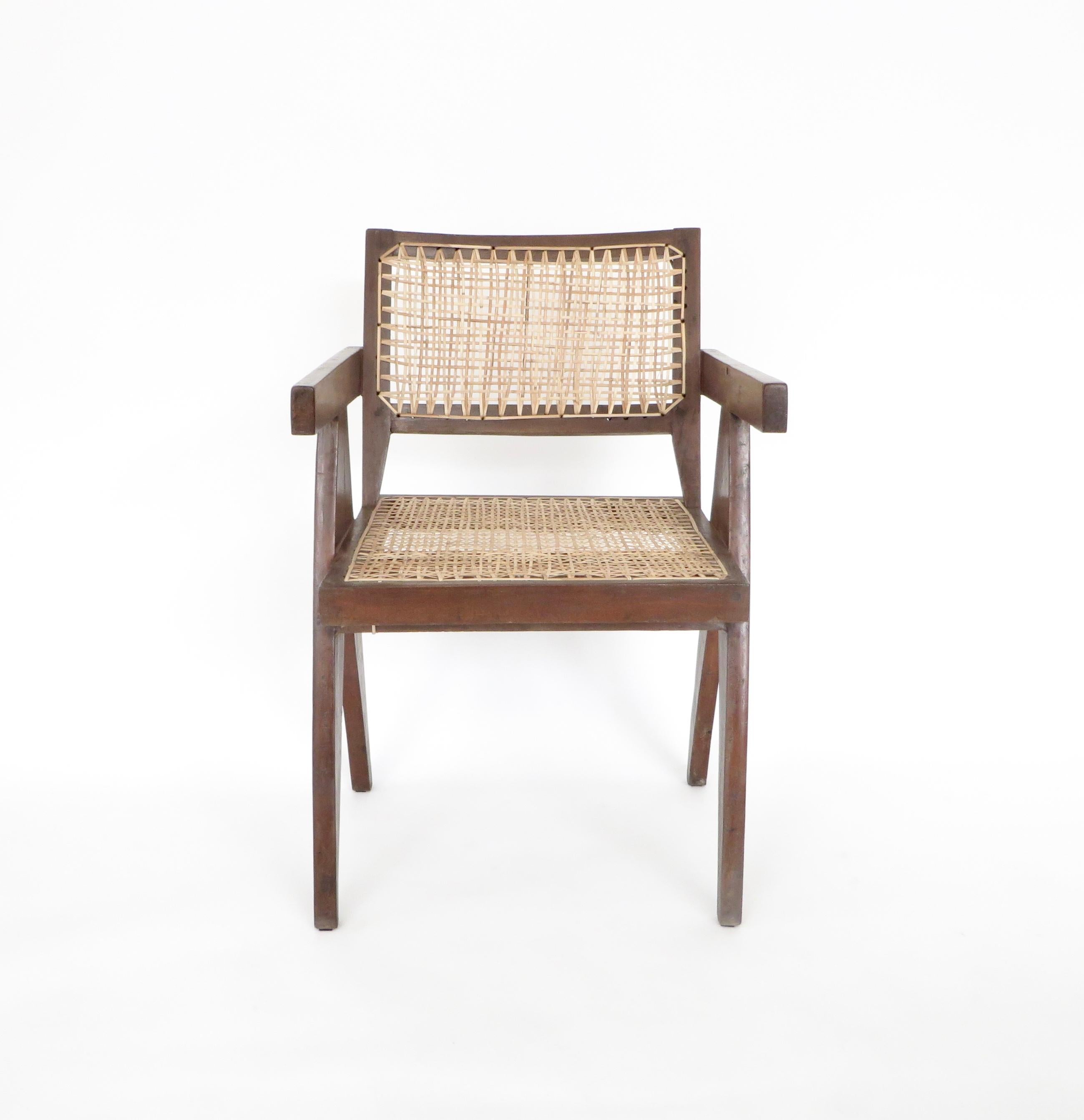 Pierre Jeanneret Teak and Cane Office Vintage Original Armchair from Chandigarh 1