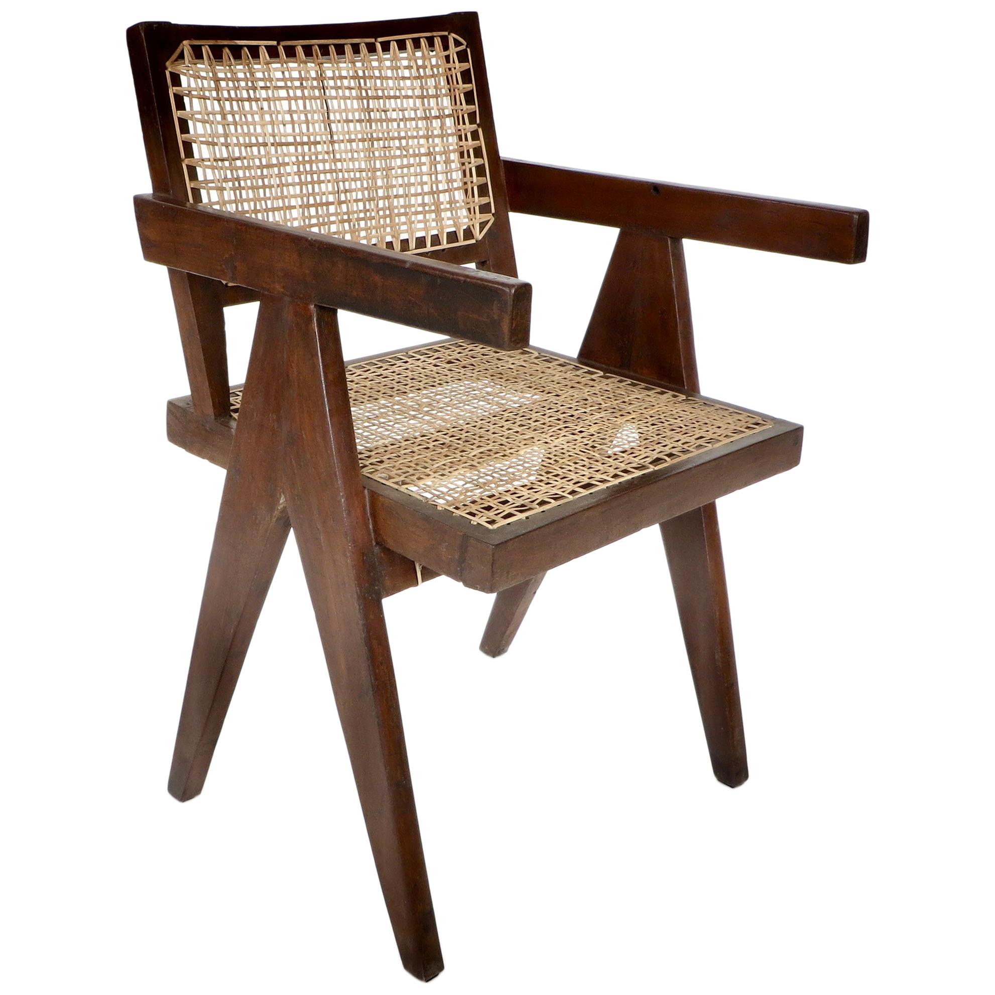 Pierre Jeanneret Teak and Cane Office Vintage Original Armchair from Chandigarh