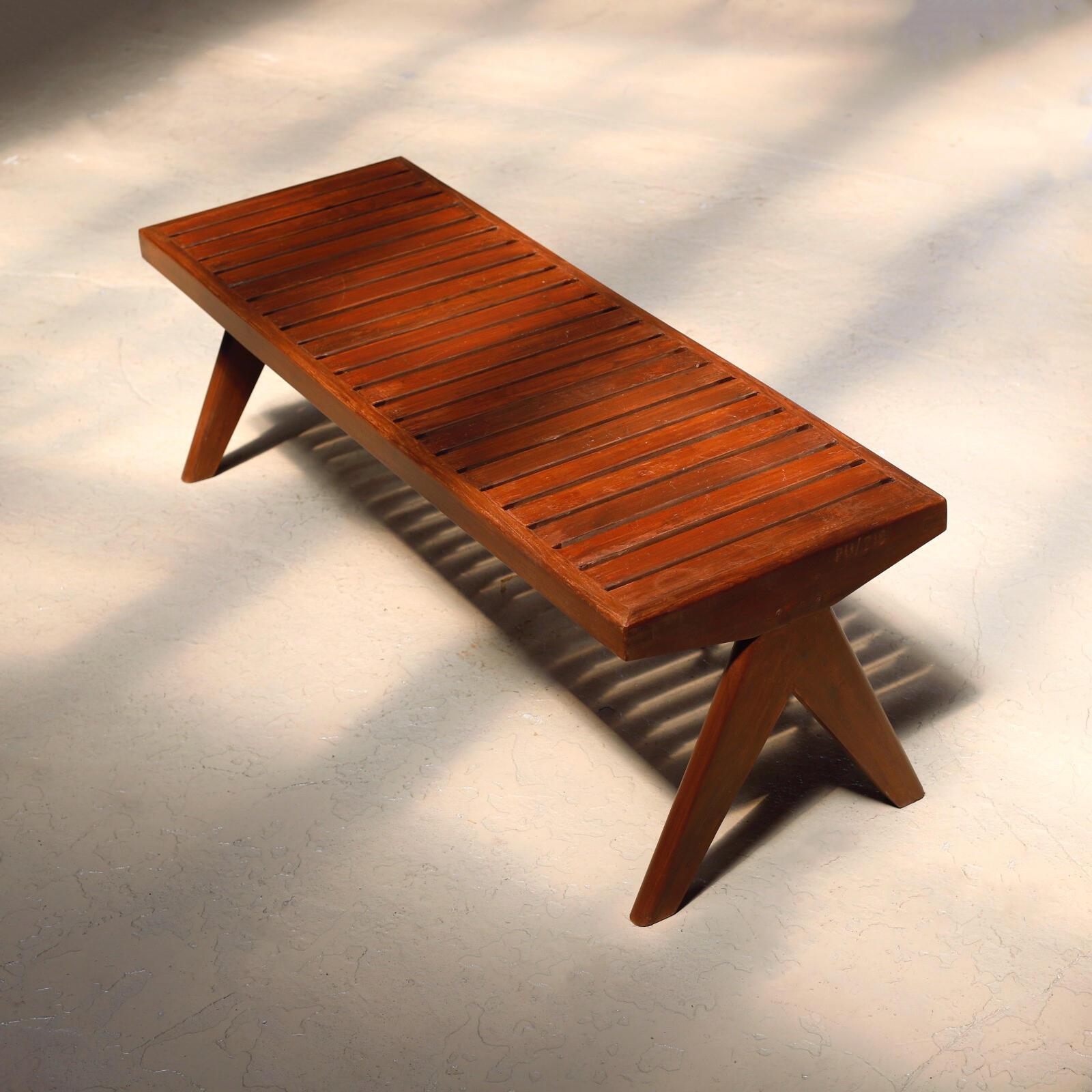 Bench with slats designed by Pierre Jeanneret, circa 1960s.
Teak wood.