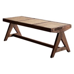 Pierre Jeanneret Teak & Cane Bench with Jacques Dworczak Certificate 1955