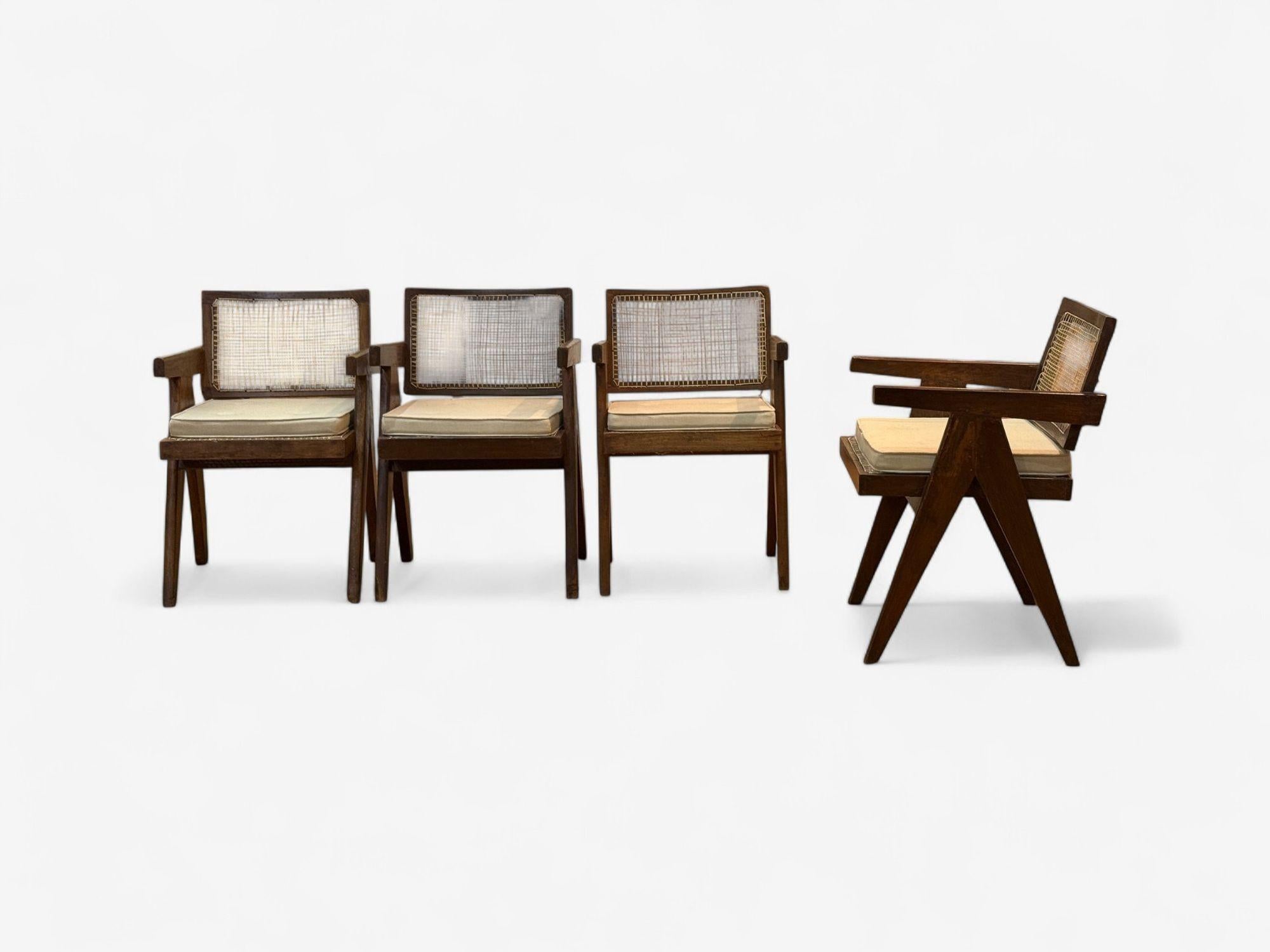 Pierre Jeanneret, Teak, Cane, Four Floating Back Chairs, Chandigarh, 1960s en vente 5