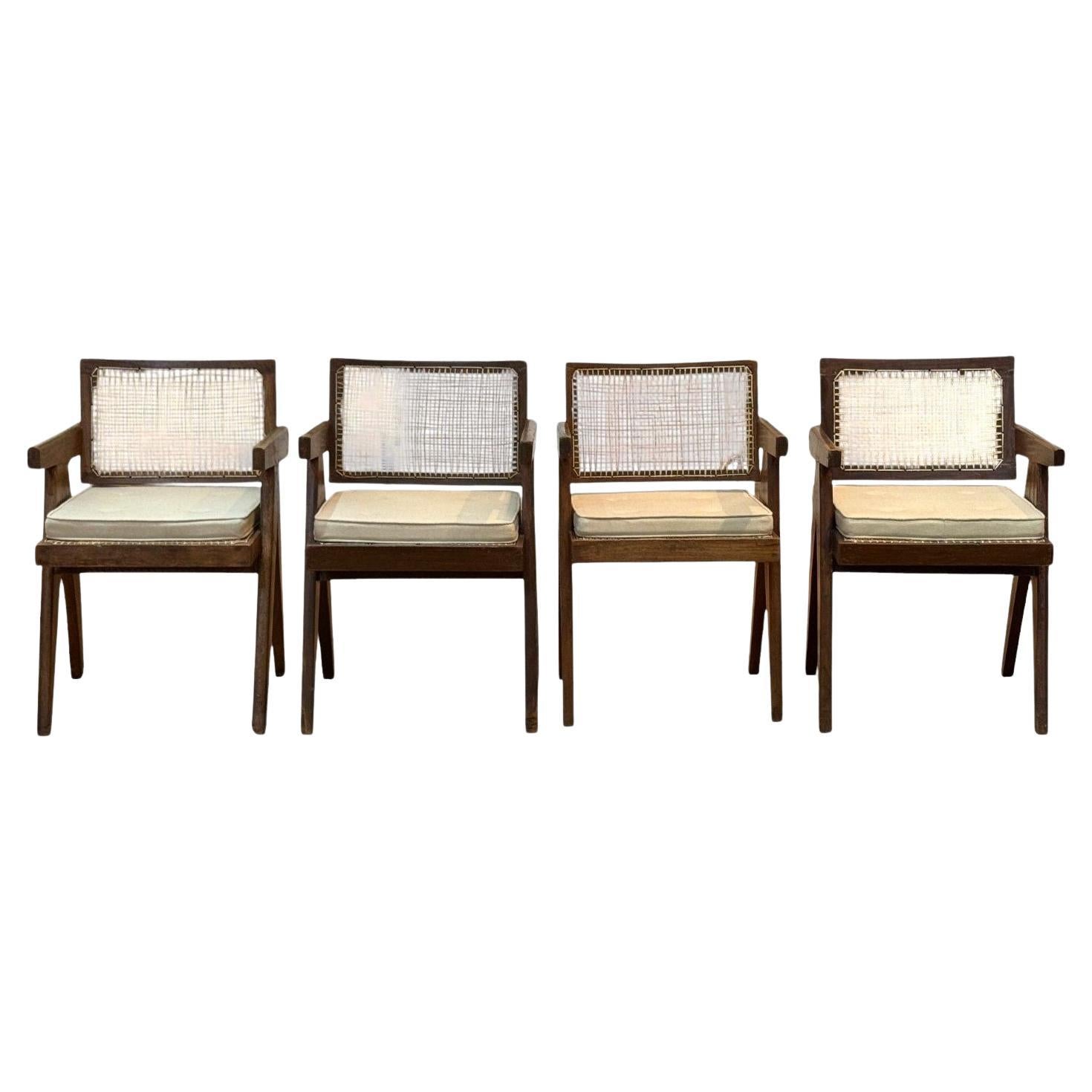 Pierre Jeanneret, Teak, Cane, Four Floating Back Chairs, Chandigarh, 1960s