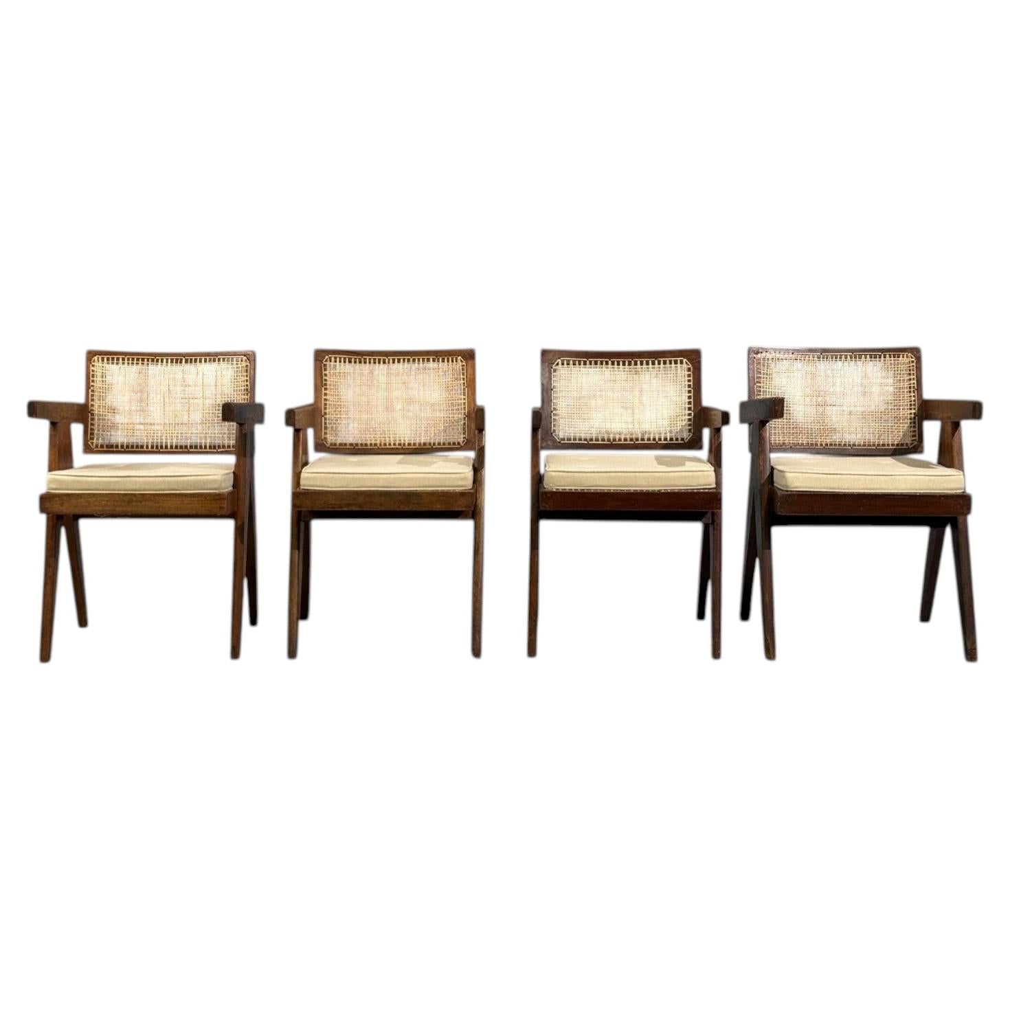 Pierre Jeanneret, Teak, Cane, Four Floating Back Chairs, Chandigarh, 1960s