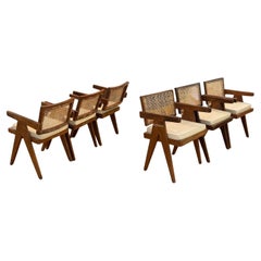 Pierre Jeanneret, Teak, canna, sei sedie da pranzo con schienale fluttuante, Chandigarh, anni '60