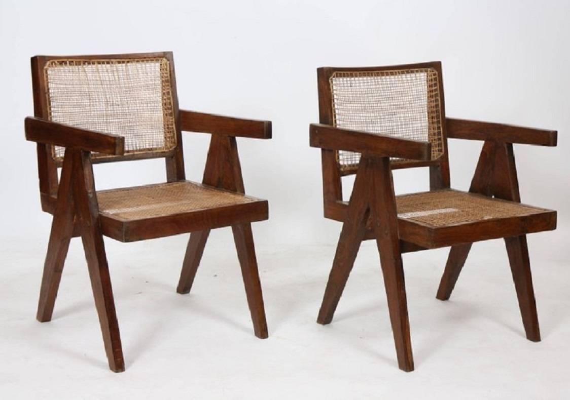 Modern Pierre Jeanneret Teak Four Office Cane Armchairs for Chandigarh, India, 1950s