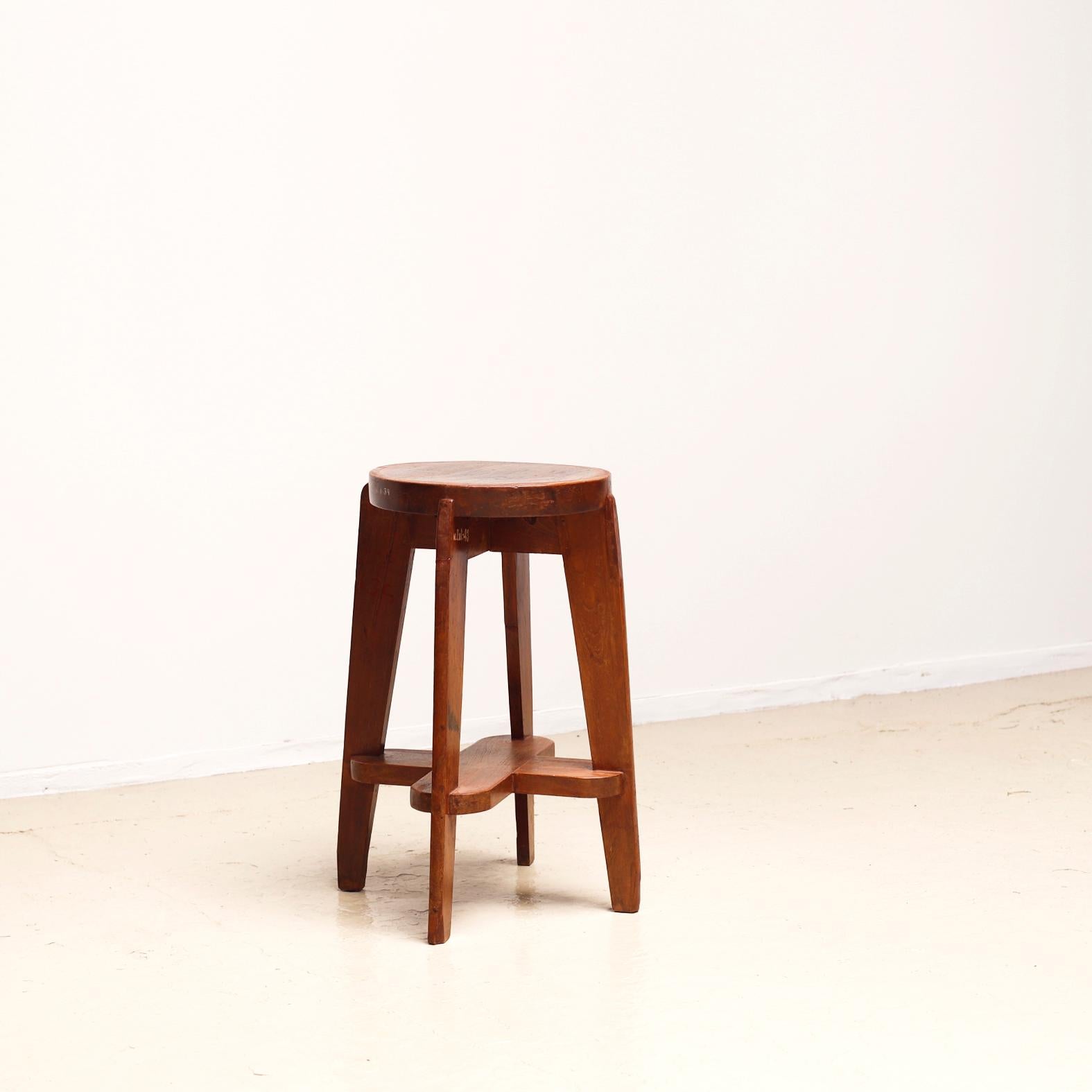 Teak high stool designed for Chandigarh project circa 1950s by Pierre Jeanneret.
