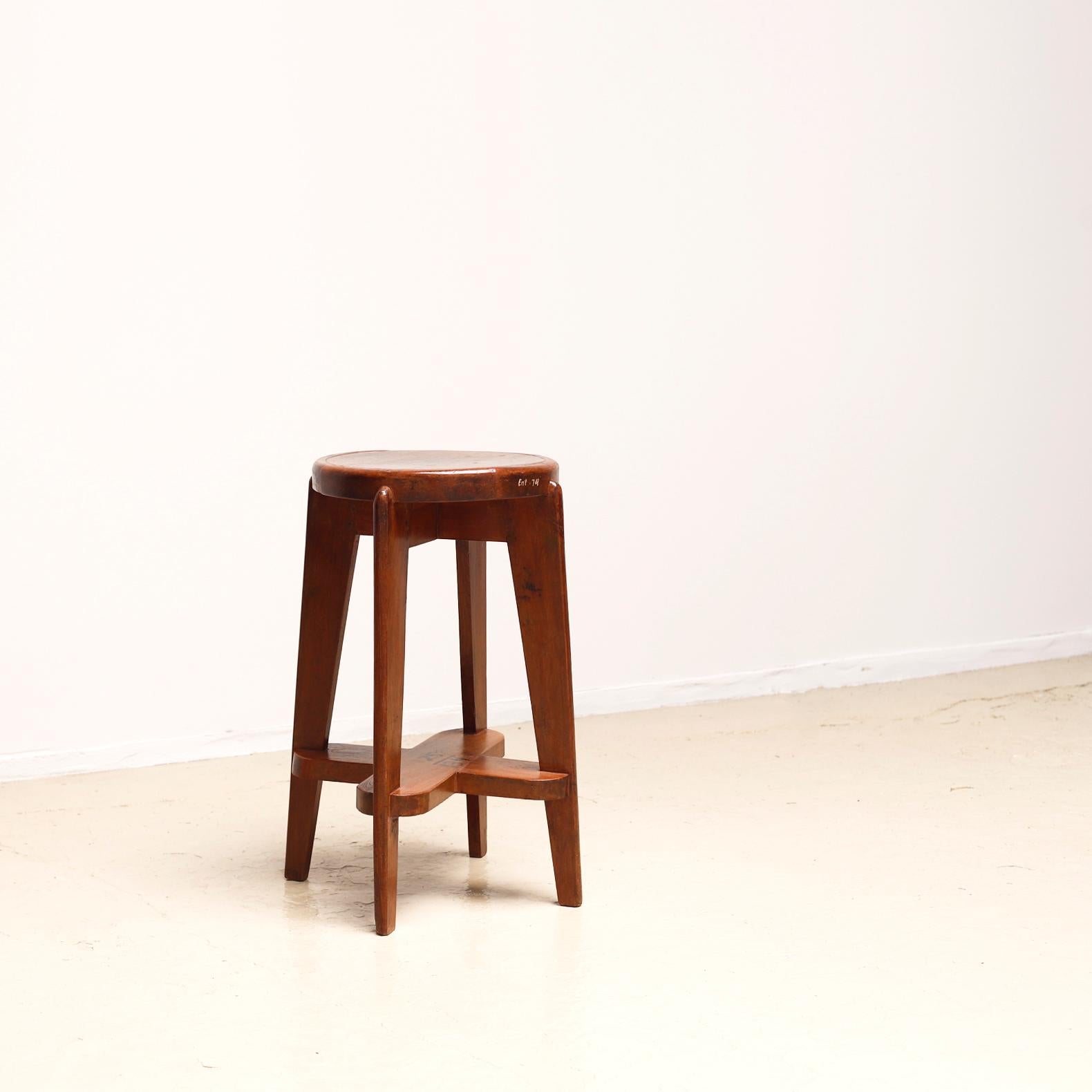 Teak high stool designed for Chandigarh project by Pierre Jeanneret, circa 1950s.