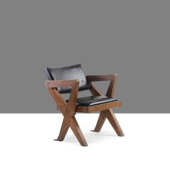 Sedia in teak e pelle Pierre Jeanneret PJ-SI-49-A / Autentica metà del secolo moderno
