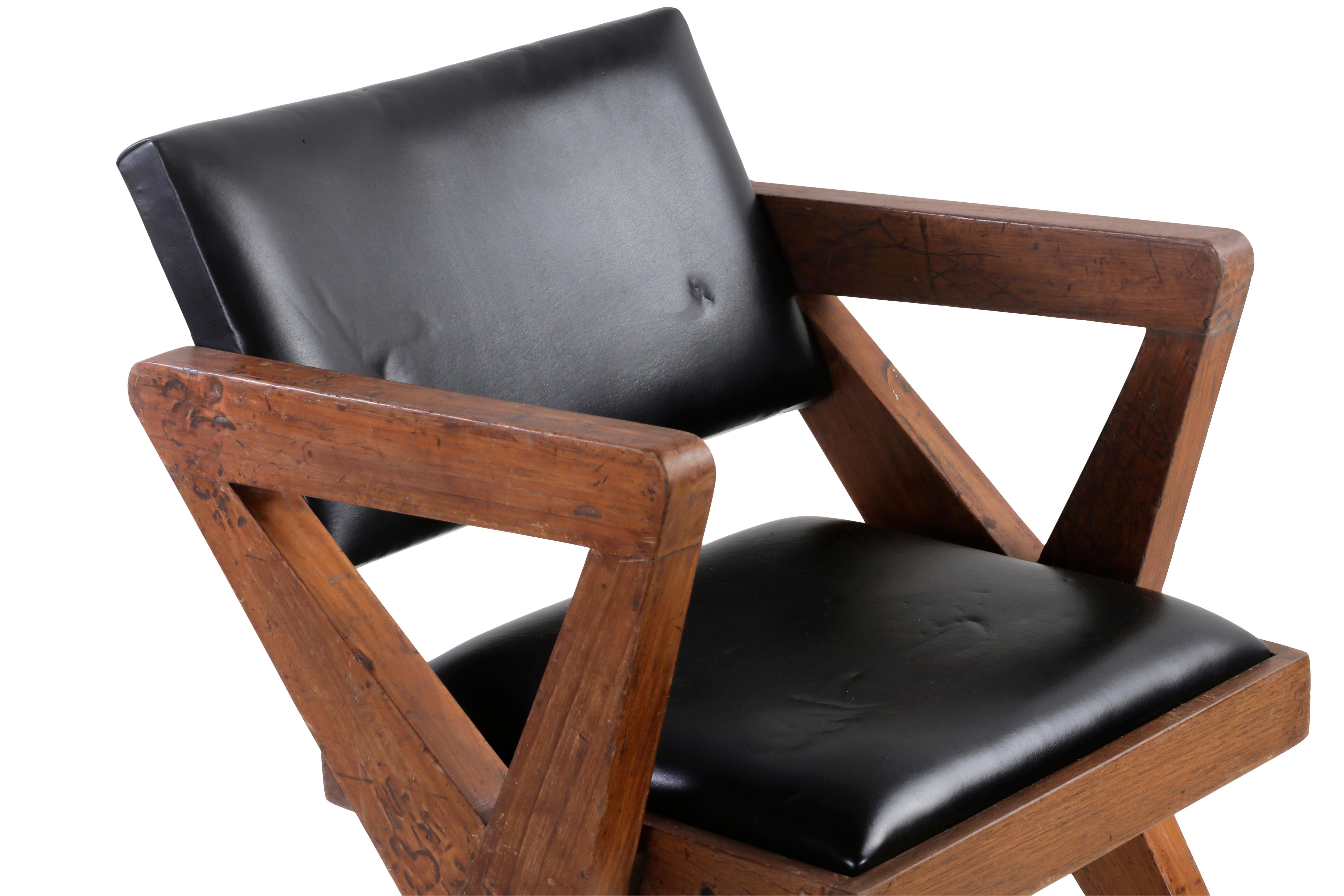 Pierre Jeanneret Teak & Leather Chair PJ-SI-49-A / Authentic Mid-Century Modern  For Sale 2