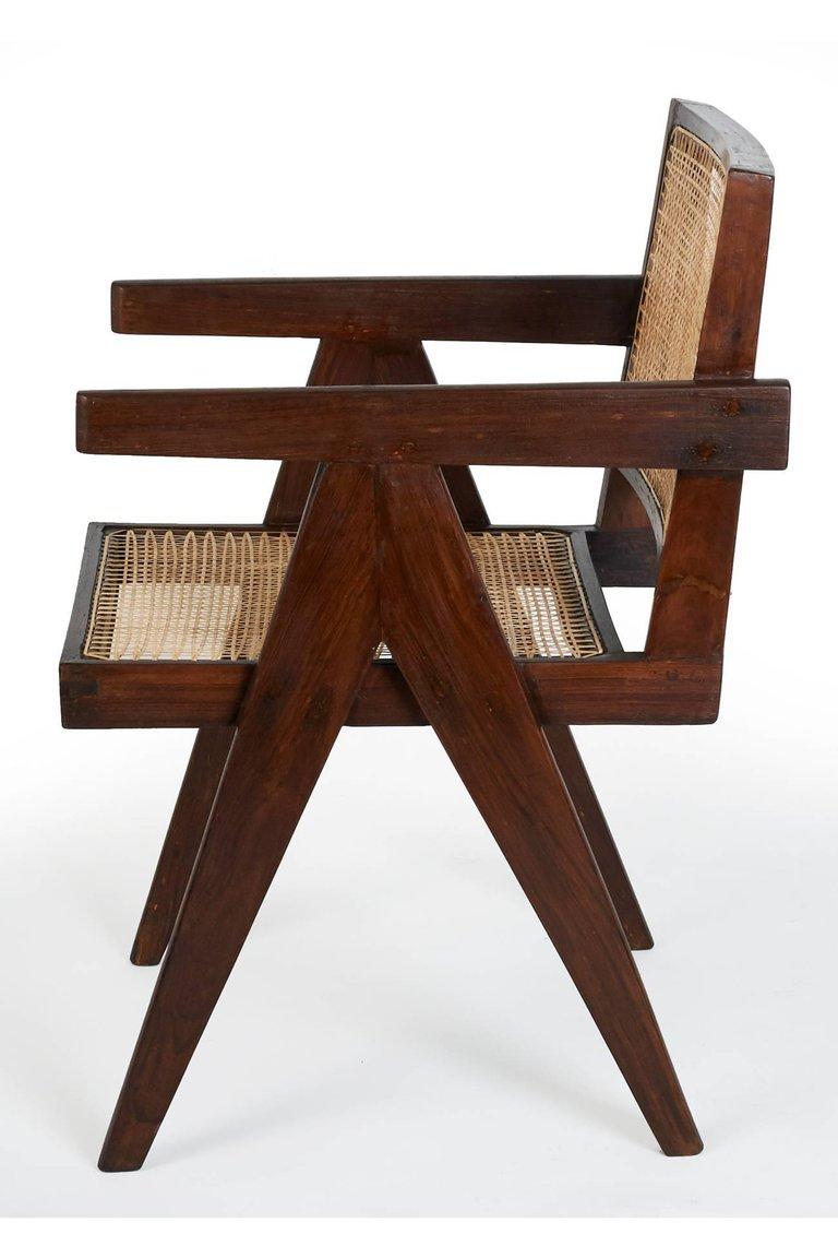 Modern Pierre Jeanneret Teak Office Cane Armchairs for Chandigarh, India, 1950s