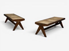 Pierre Jeanneret, Three Seat Benches, Teak, Cane, Chandigarh, India, 1960s