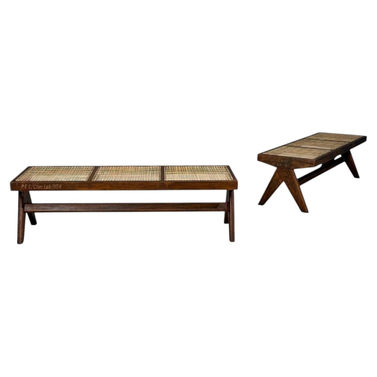 Pierre Jeanneret, Three Seat Benches, Teak, Cane, Chandigarh, India, 1960s For Sale
