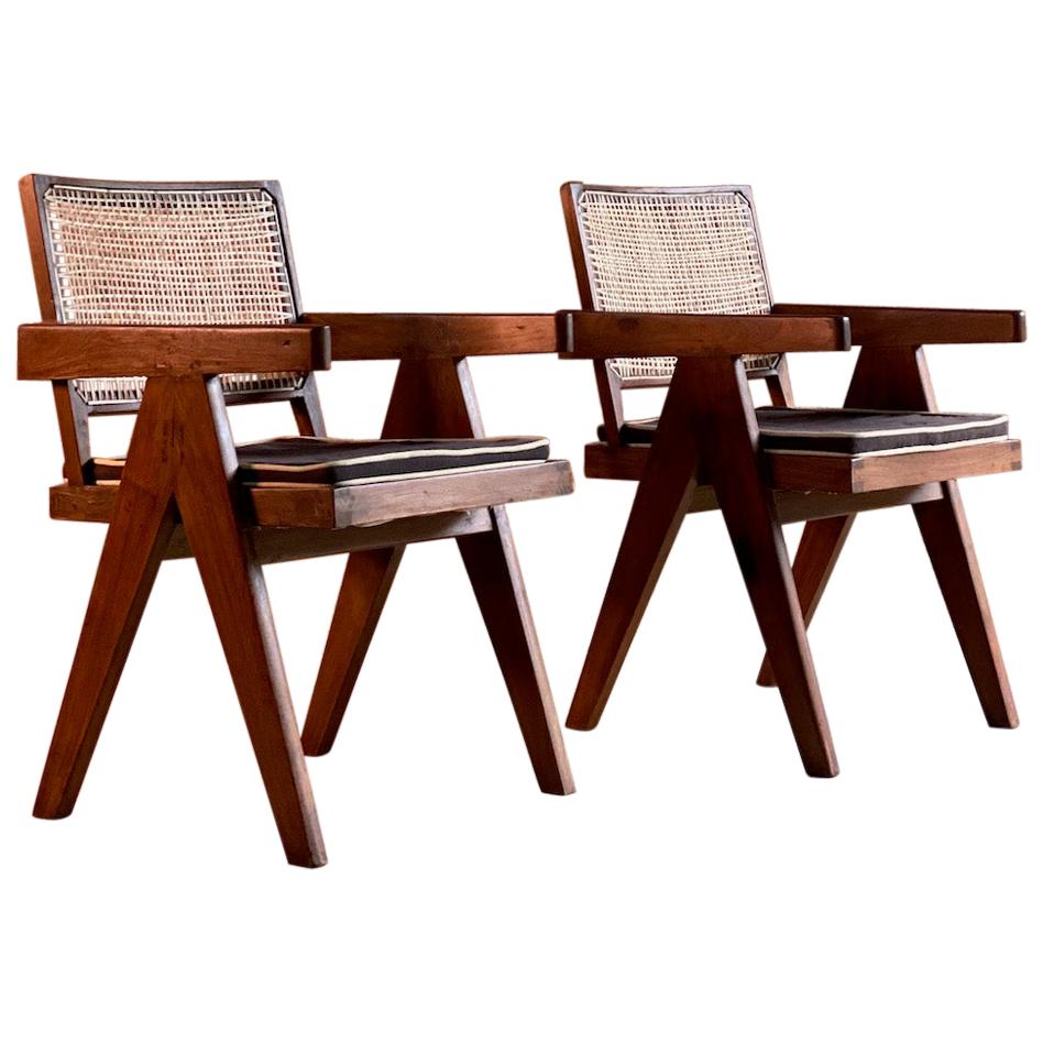 Pierre Jeanneret V Leg Chairs Pair in Teak and Cane Chandigarh, circa 1955