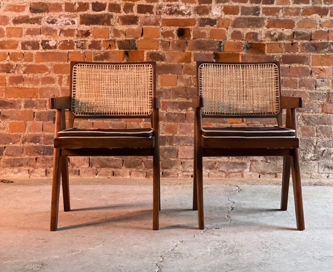 Indian Pierre Jeanneret V Leg Chairs Pair in Teak and Cane Chandigarh, circa 1955