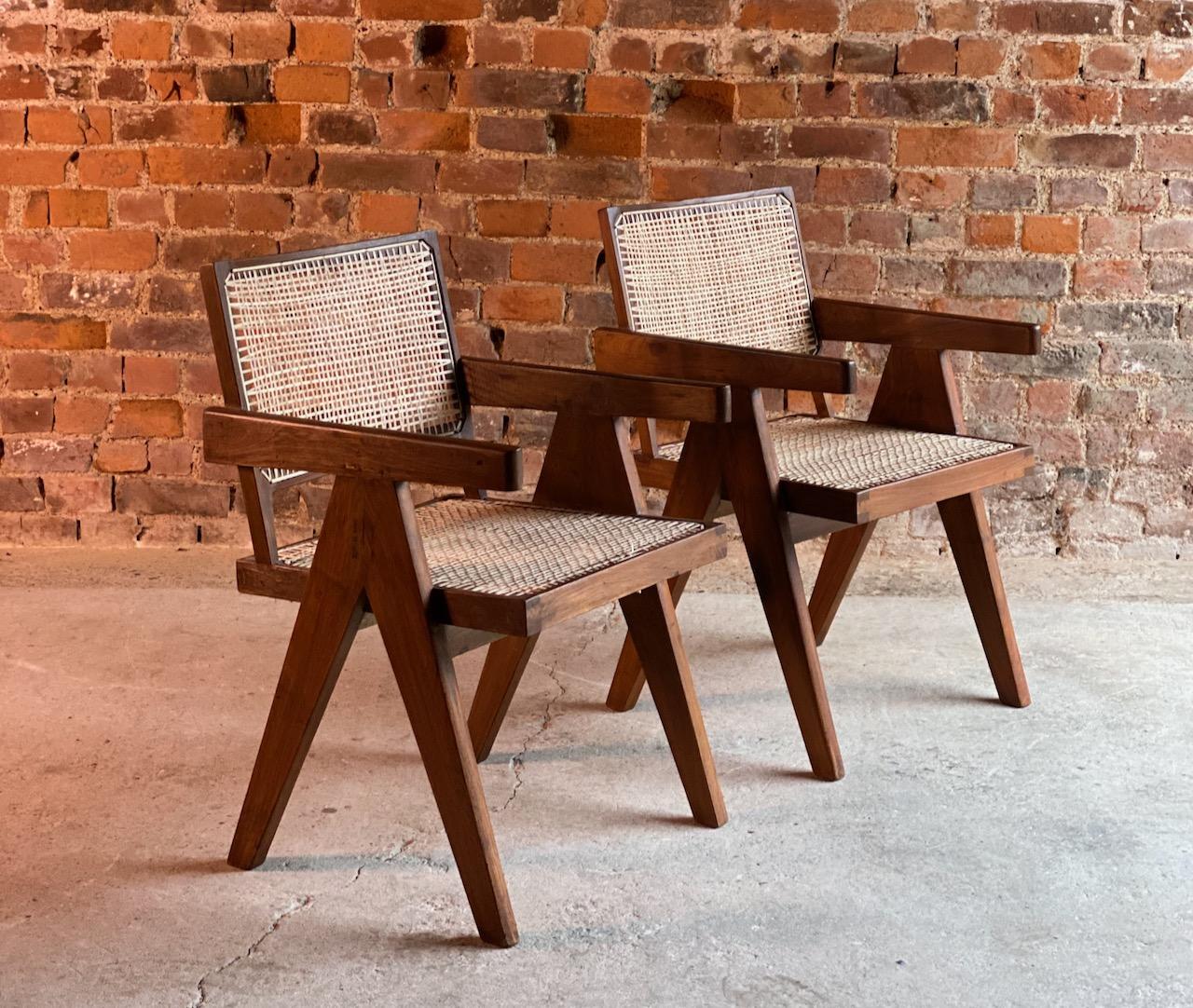 Pierre Jeanneret V Leg Chairs Pair in Teak and Cane Chandigarh, circa 1955 1