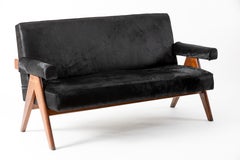 Pierre Jeanneret v-leg sofa set with 2 armchairs in black hide