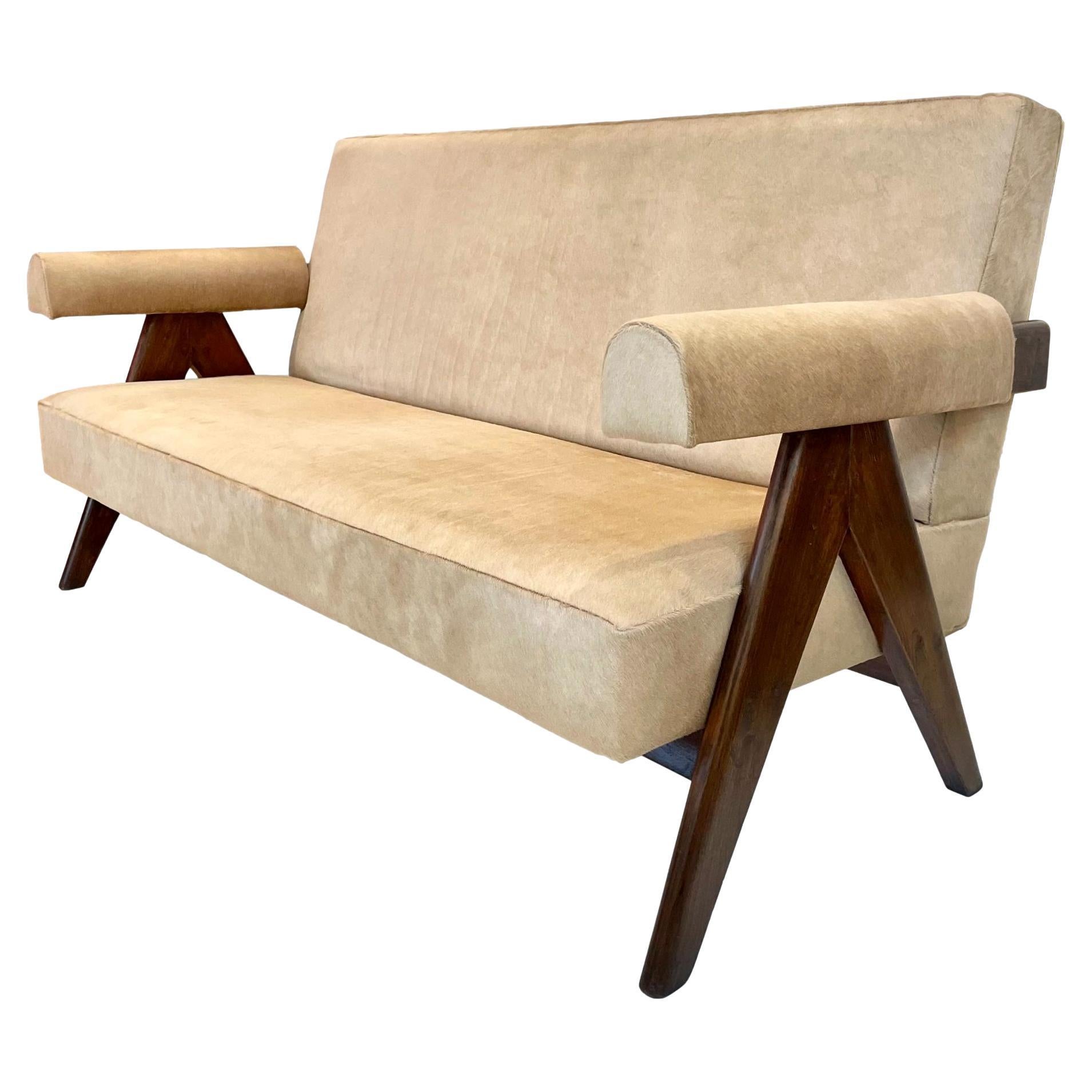 Pierre Jeanneret X-Bein-Sofa aus Rindsleder in Rindsleder, Chandigargh, 1950er Jahre