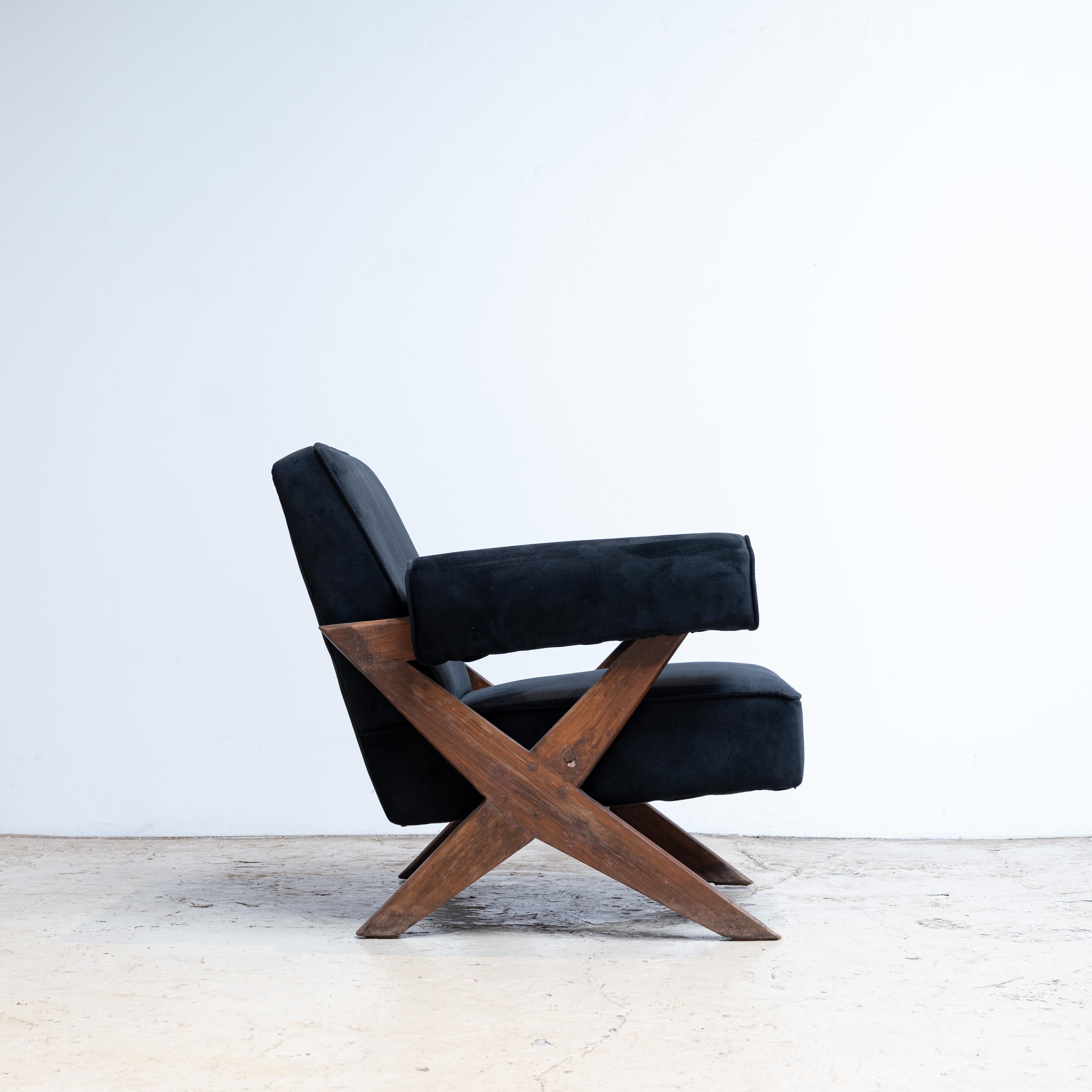 Indian Pierre Jeanneret X-Leg Upholstered Lounge Chair, Circa 1960, Chandigarh, India For Sale