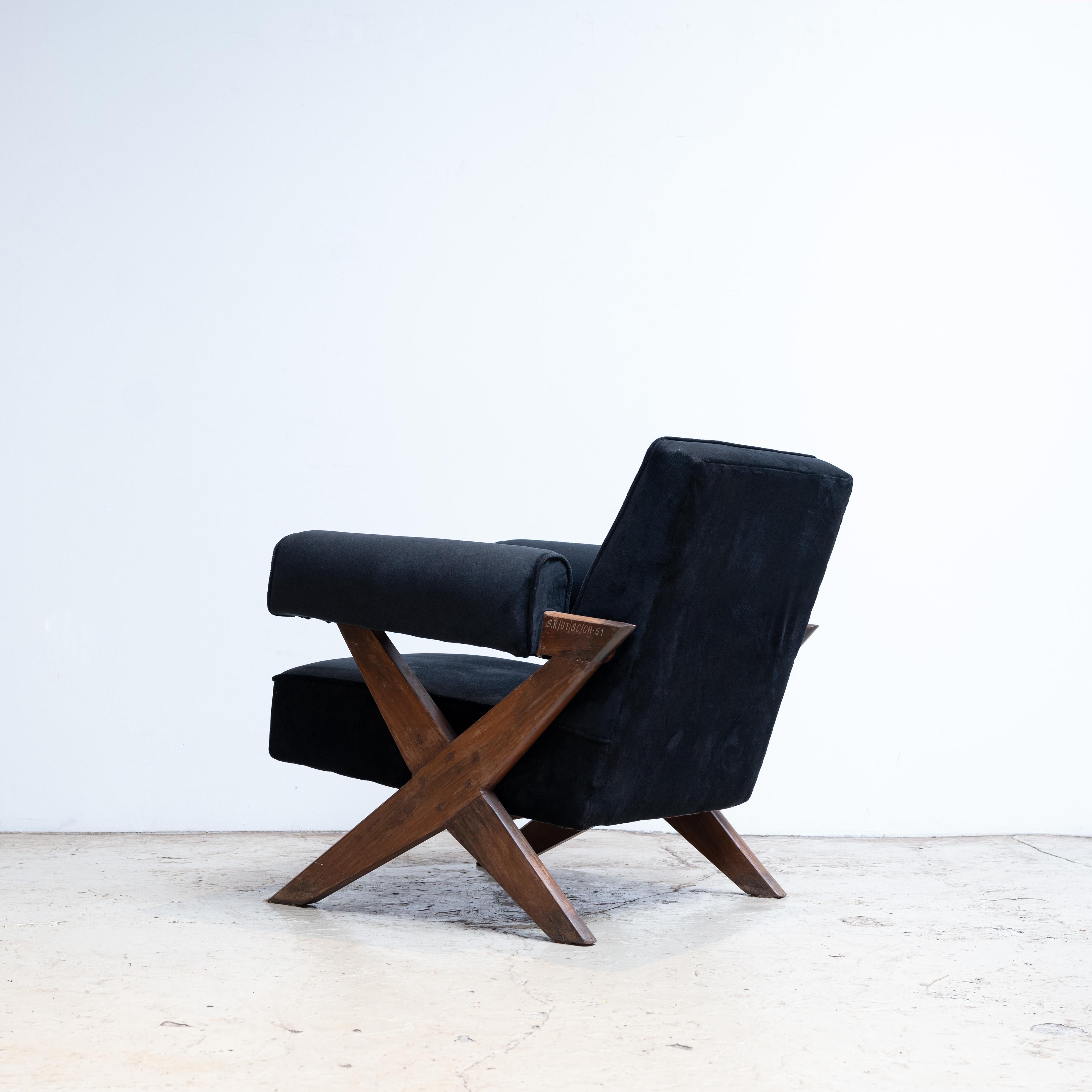 Mid-20th Century Pierre Jeanneret X-Leg Upholstered Lounge Chair, Circa 1960, Chandigarh, India For Sale