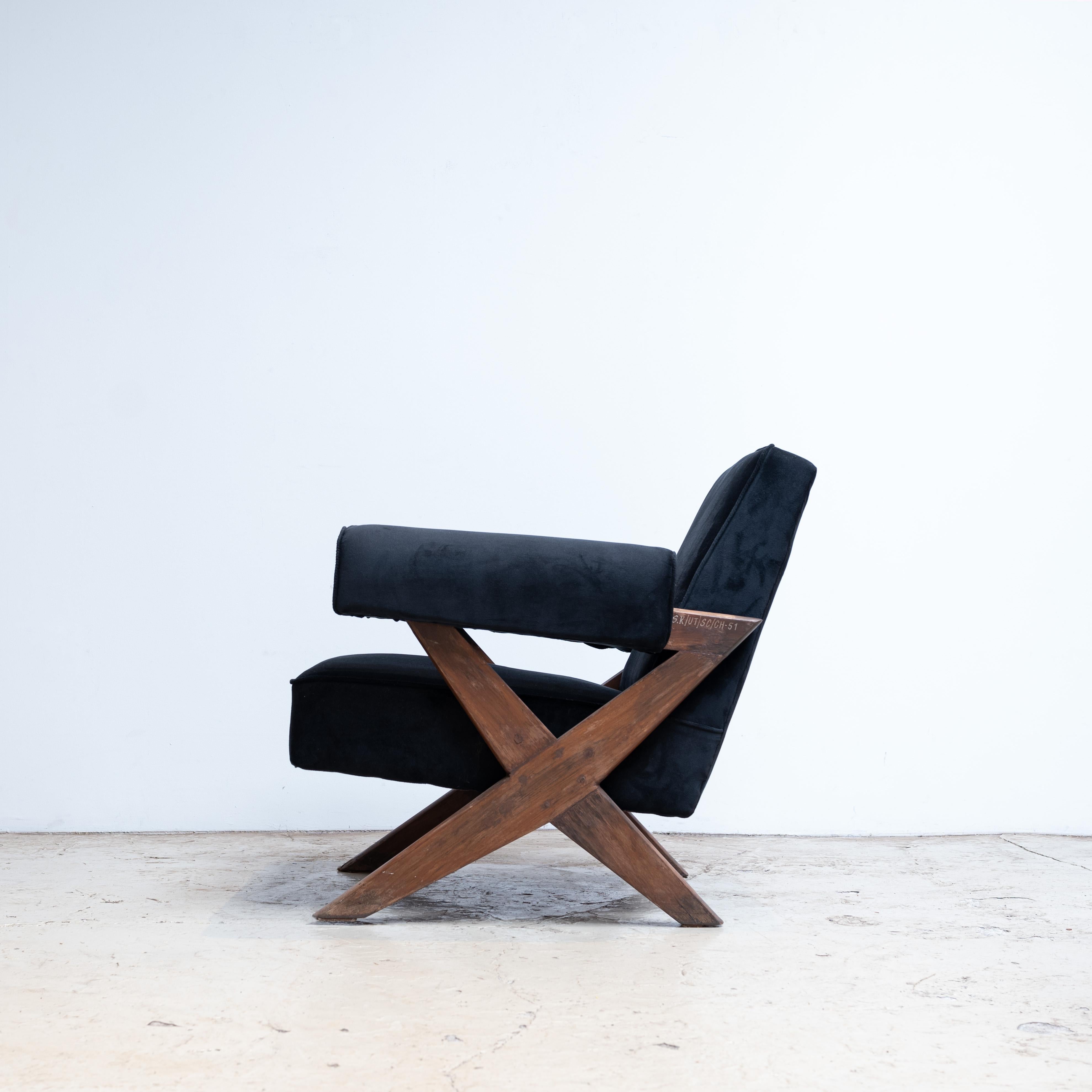 Teak Pierre Jeanneret X-Leg Upholstered Lounge Chair, Circa 1960, Chandigarh, India For Sale