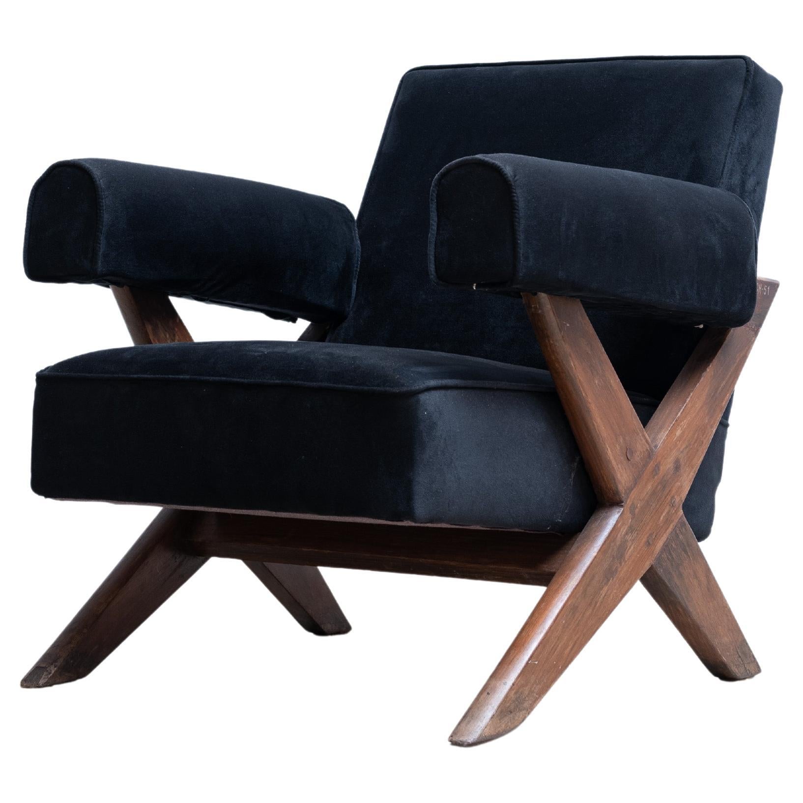 Pierre Jeanneret X-Leg Upholstered Lounge Chair, Circa 1960, Chandigarh, India For Sale