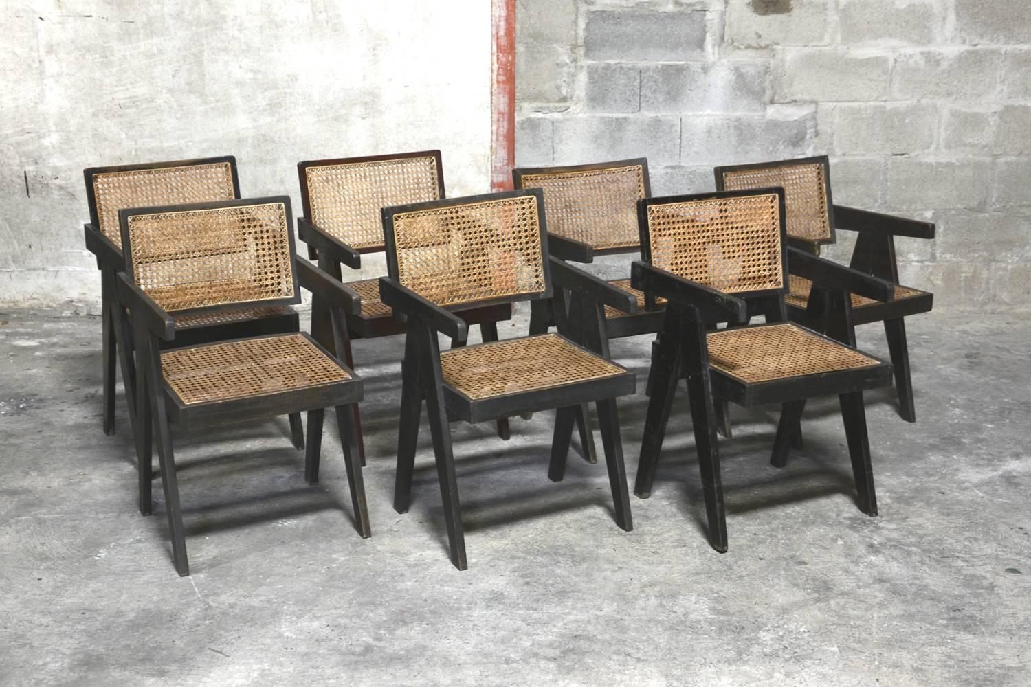 Pierre Jeanneret, very rare set of five cane and teakwood Office Armchairs from administrative buildings in Chandigarh, India. Version with back separated from the seat. Teak, woven cane and upholstered seat cushion featuring cloth covering.

These