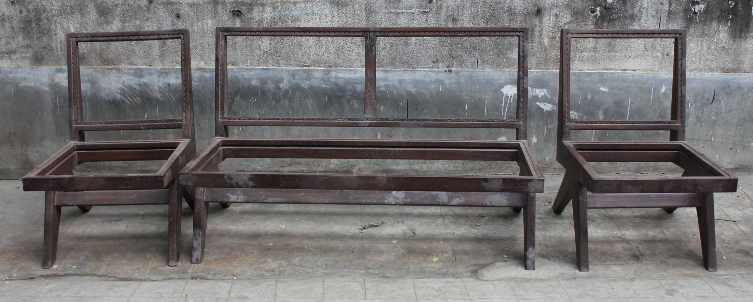 Pierre Jeanneret, Very Rare Caned Sofa Set with Original Lettering For Sale 6