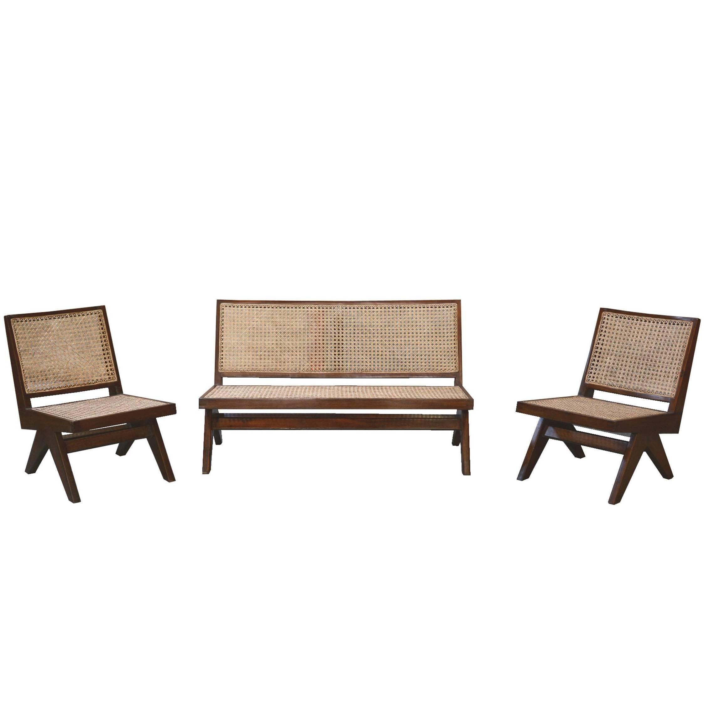 Pierre Jeanneret, Very Rare Caned Sofa Set with Original Lettering For Sale