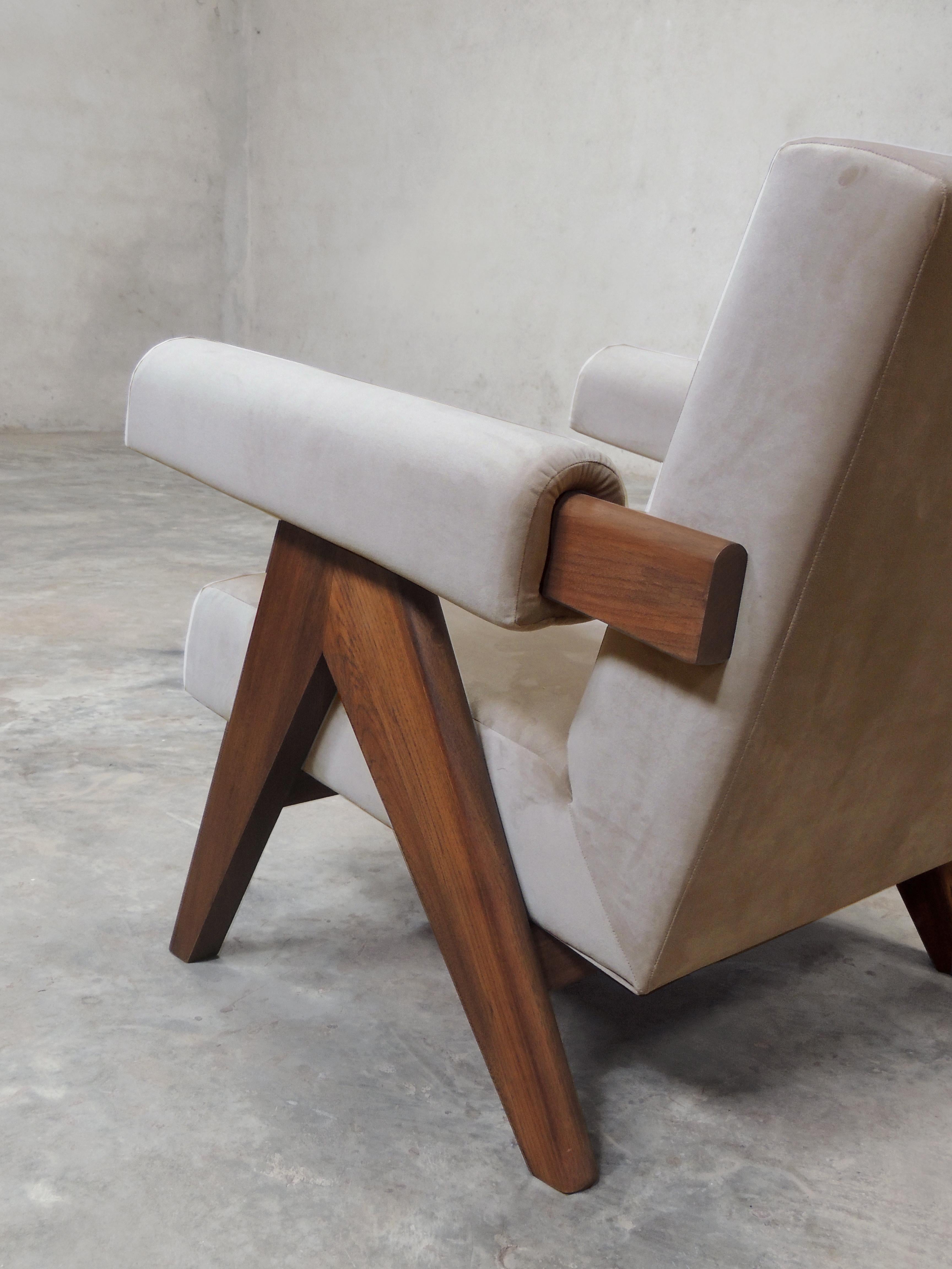 Mid-Century Modern Pierre Jeanneret's Upholstered Armchair, Hand-Sculpted Contemporary Reedition