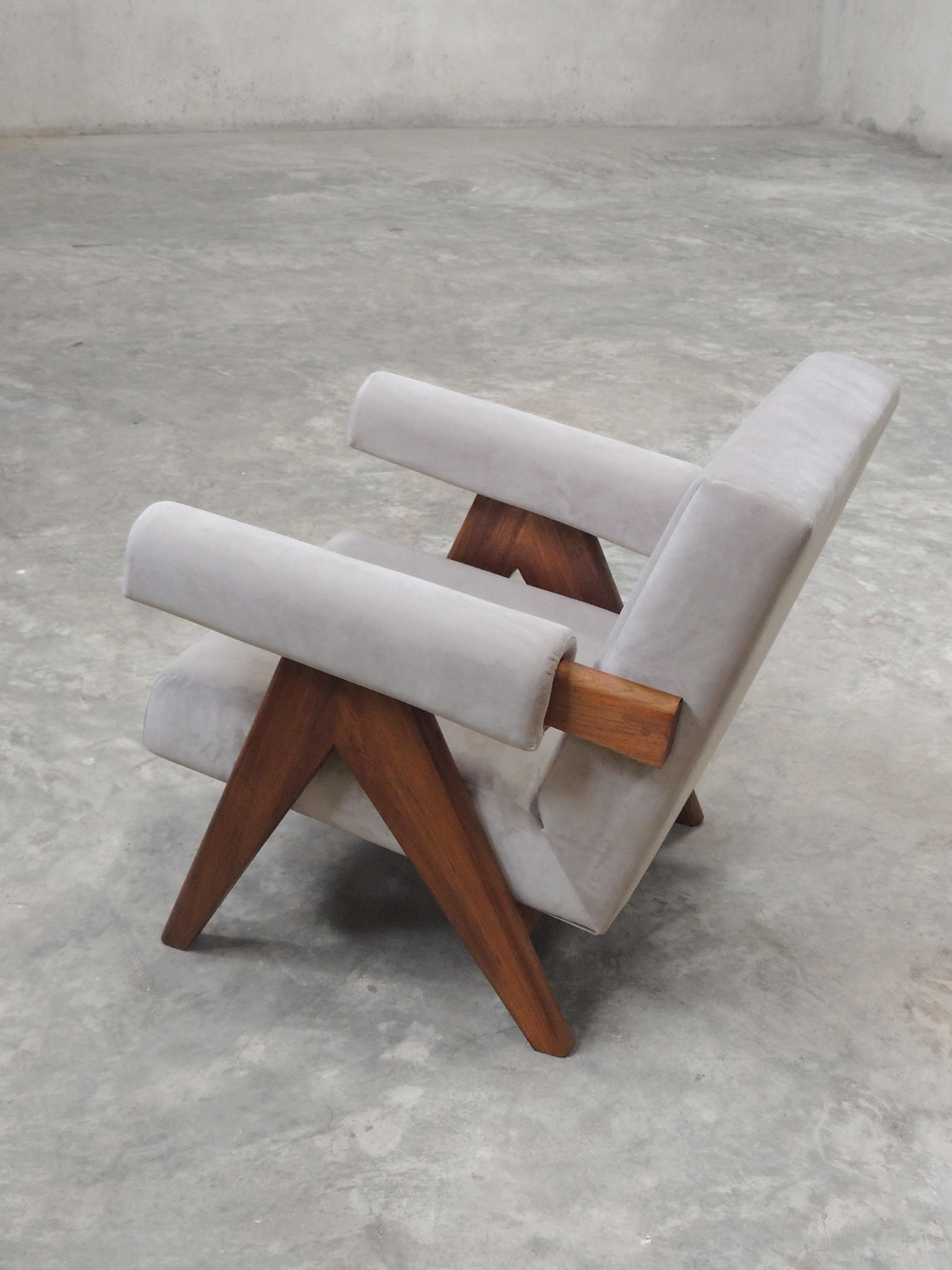 Asian Pierre Jeanneret's Upholstered Armchair, Hand-Sculpted Contemporary Reedition