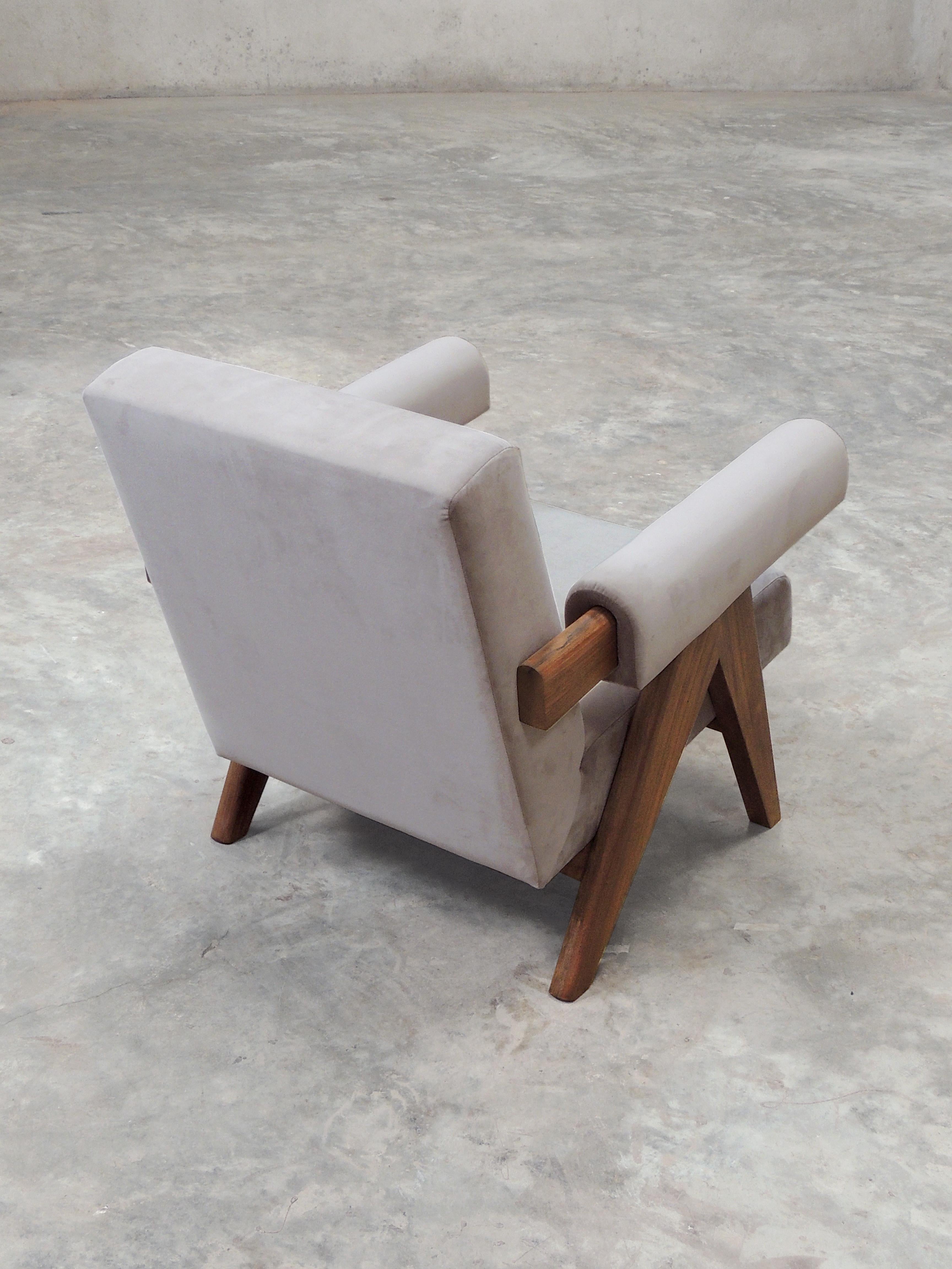 Wood Pierre Jeanneret's Upholstered Armchair, Hand-Sculpted Contemporary Reedition