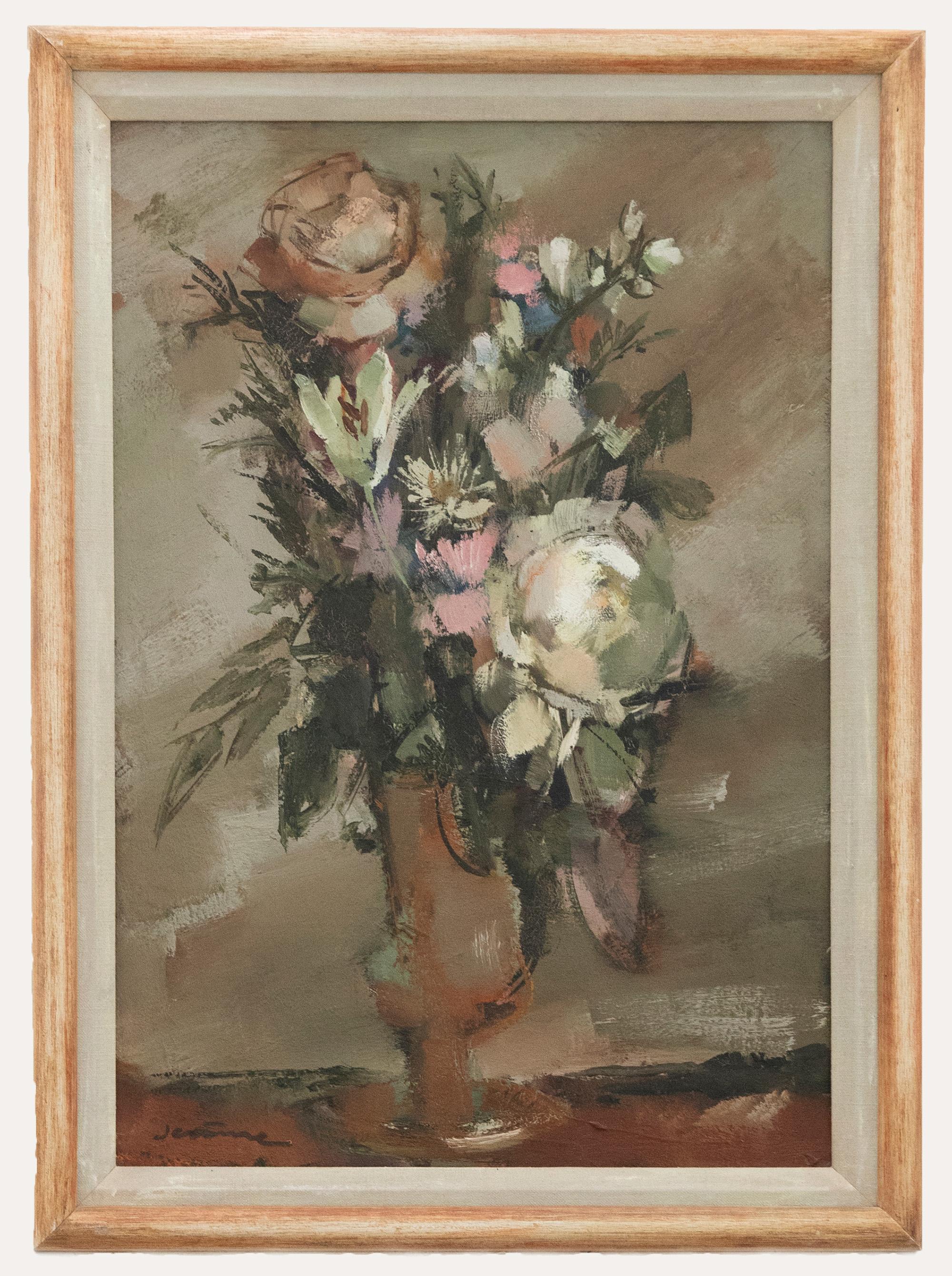 A charming still life study by French artist Pierre Jerome. The artist captures the scene in an expressive manner depicting roses and peonies in a tall vase. Signed to the lower right. Presented in a wooden frame with a cotton slip. On canvas.
