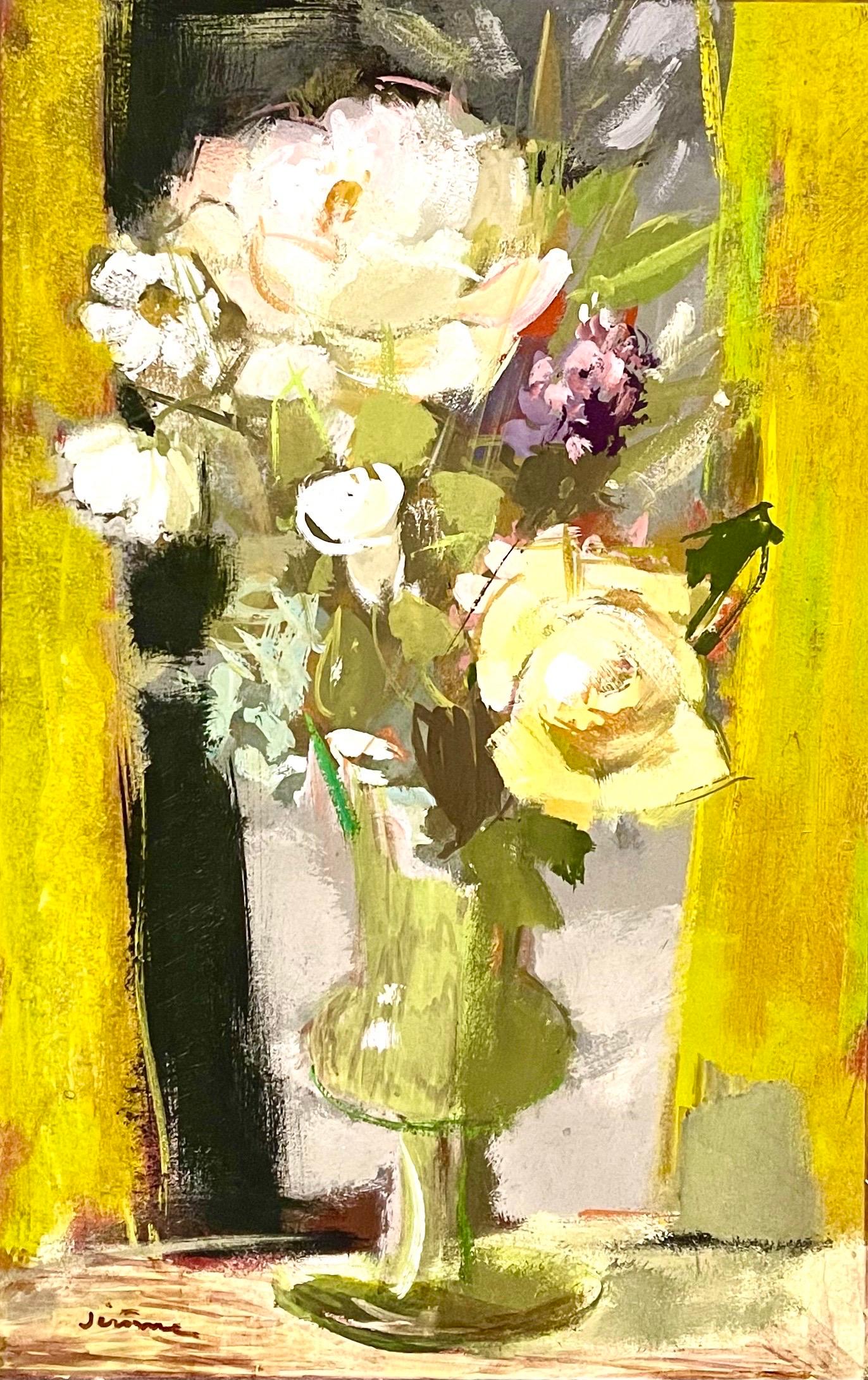 Vibrant Floral Oil Painting Vase of Spring Flowers Pierre Jerome Ecole De Paris For Sale 1