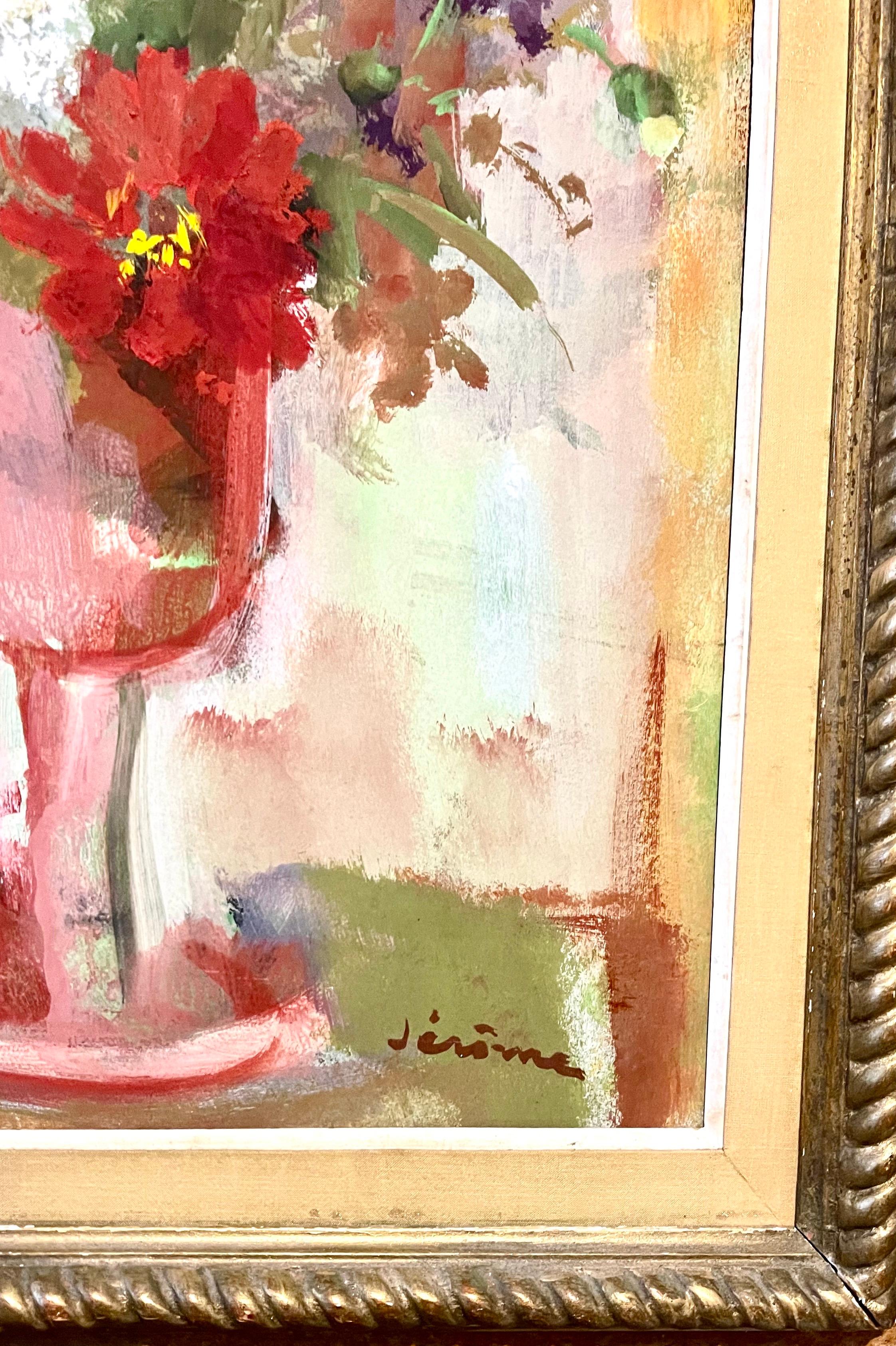 Vibrant Floral Oil Painting Vase of Spring Flowers Pierre Jerome Ecole De Paris For Sale 1