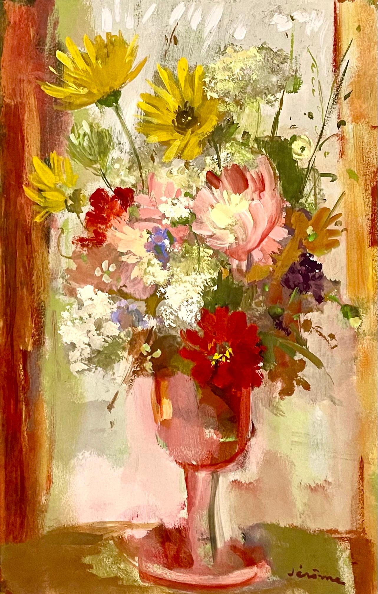 Vibrant Floral Oil Painting Vase of Spring Flowers Pierre Jerome Ecole De Paris For Sale 2