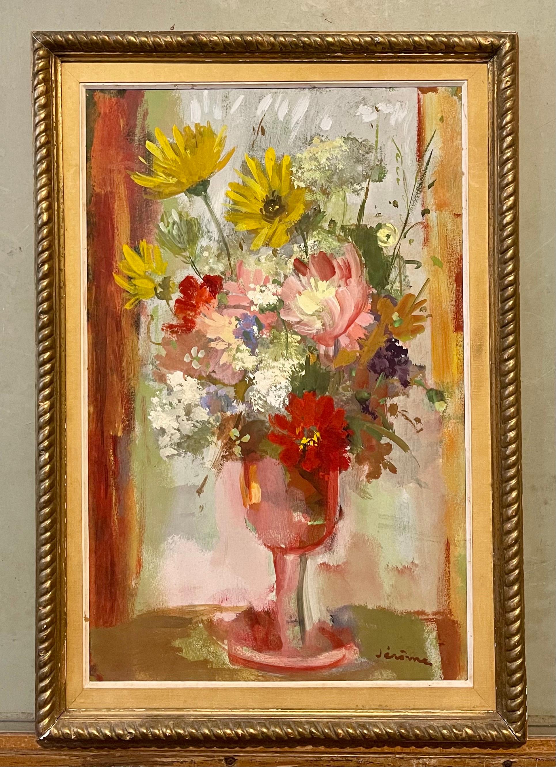 Vibrant Floral Oil Painting Vase of Spring Flowers Pierre Jerome Ecole De Paris For Sale 3