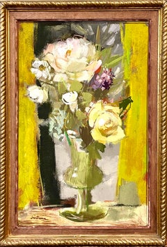 Peinture à l'huile - Vase à fleurs vibrantes représentant des fleurs de printemps - Pierre Jerome Ecole De Paris